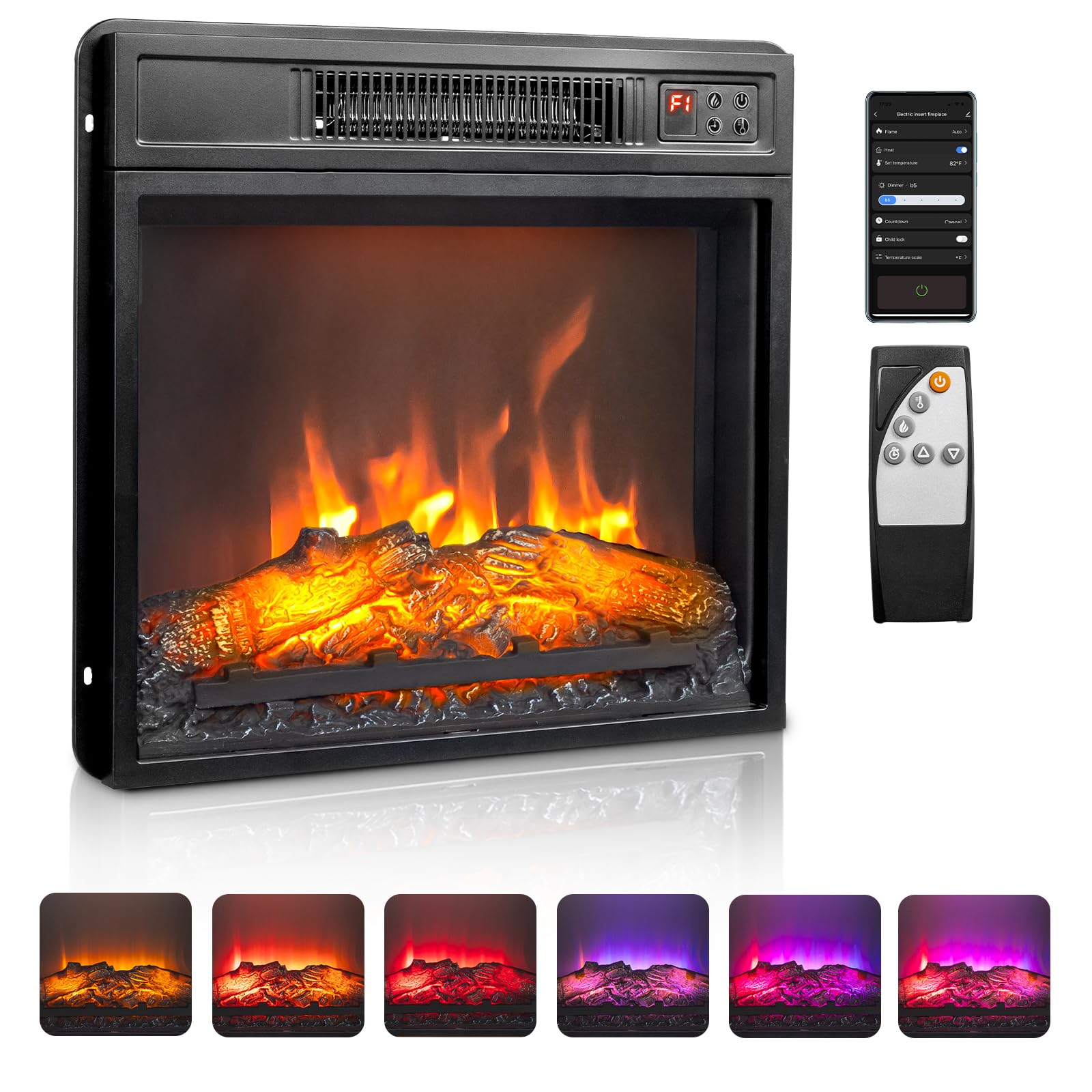 ROVSUN 18'' W 1400W 120V Electric Fireplace Inserts with APP & Remote