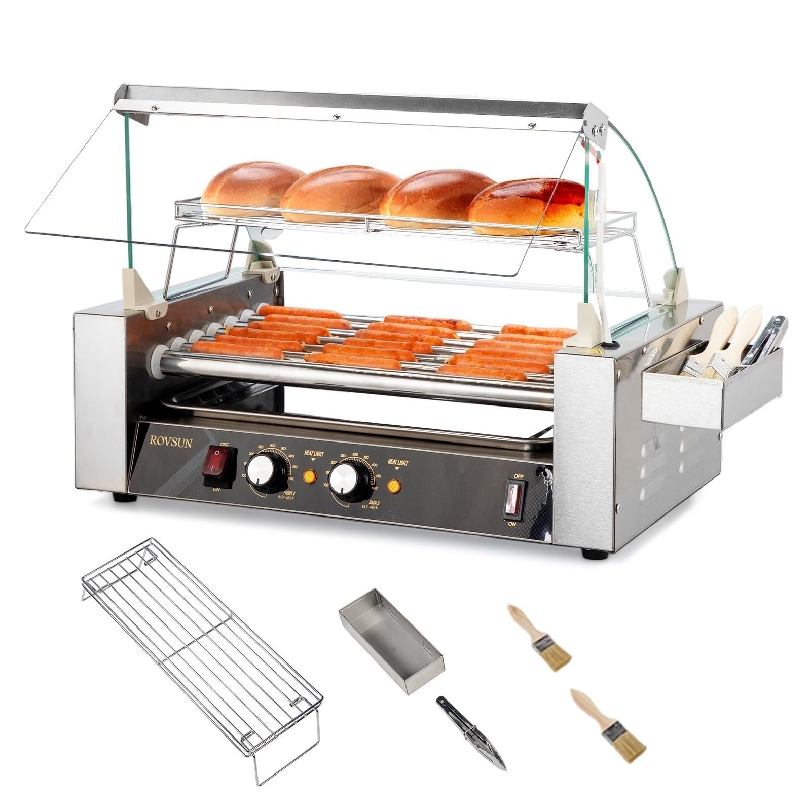 ROVSUN 7 Rollers 1050W 110V 18 Hot Dog Roller Grill with Glass Sneeze Guard