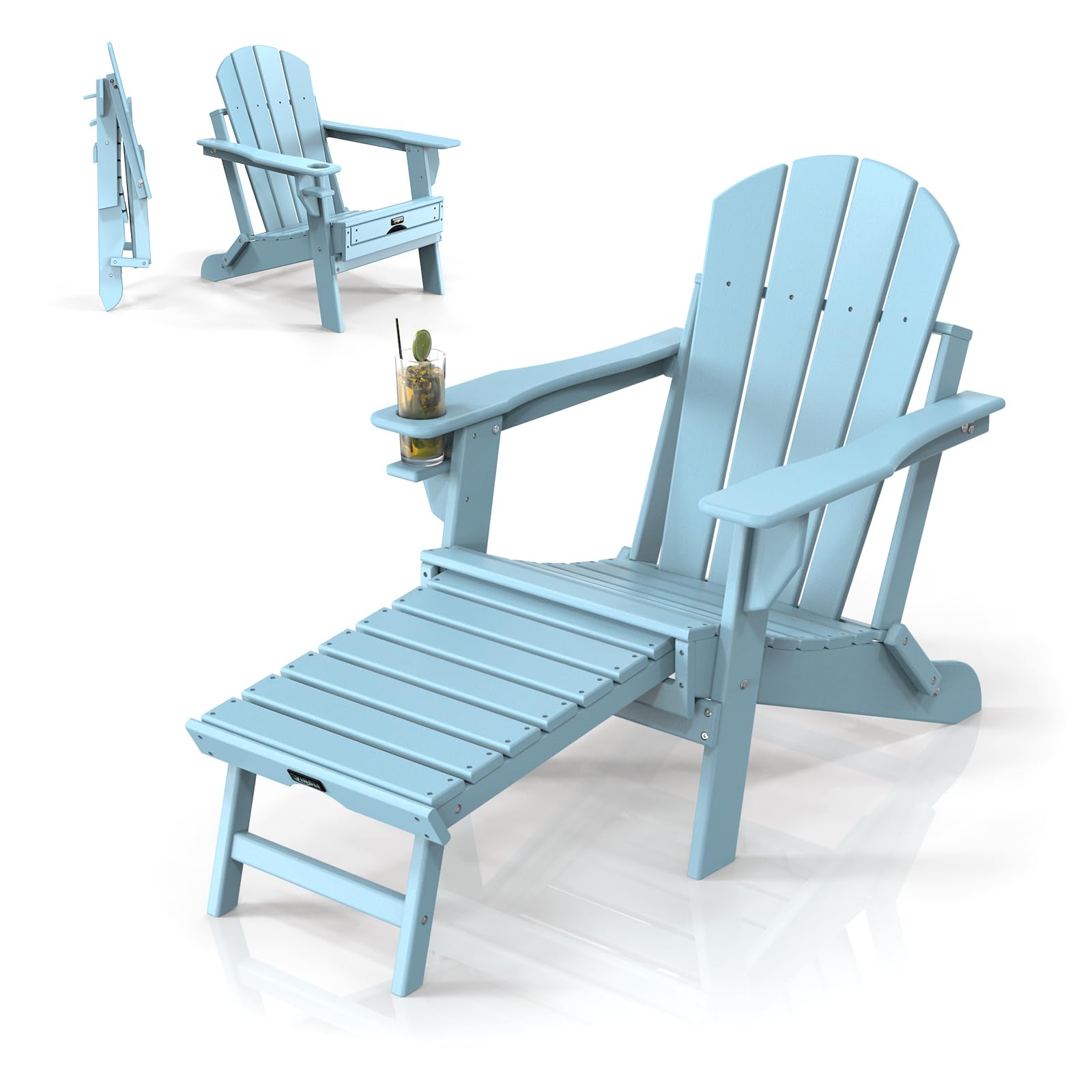 Plastic Folding HDPE Adirondack Chair with Ottoman Blue