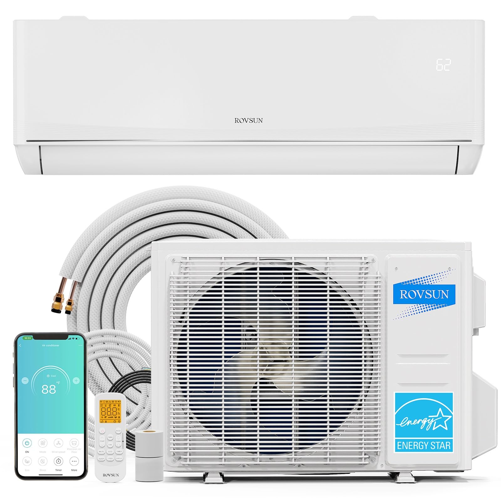 ROVSUN 12,000 BTU 23 SEER2 115V Wifi Enabled Ductless Mini Split Air Conditioner with Heat Pump Inverter & Install Kit