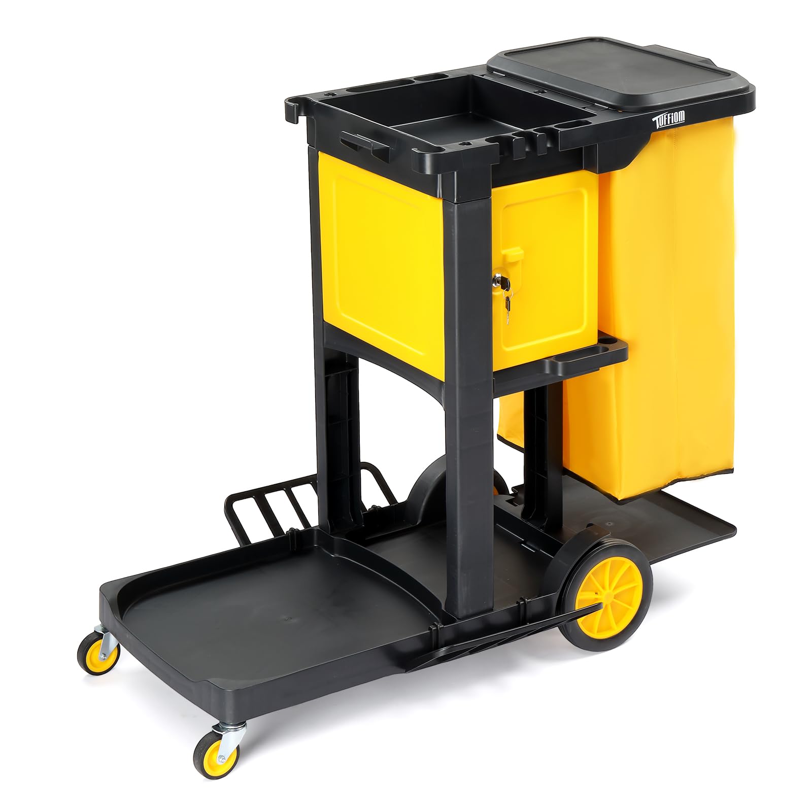 3-Tier 500 LBS Capacity Janitorial Cart with Locker & 15 Gallon Bag Black