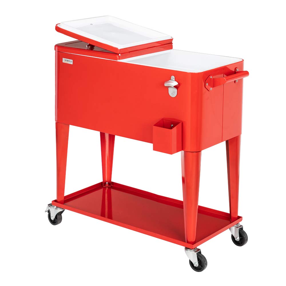 80 Quart Portable Outdoor Patio Rooling Cooler Cart Red