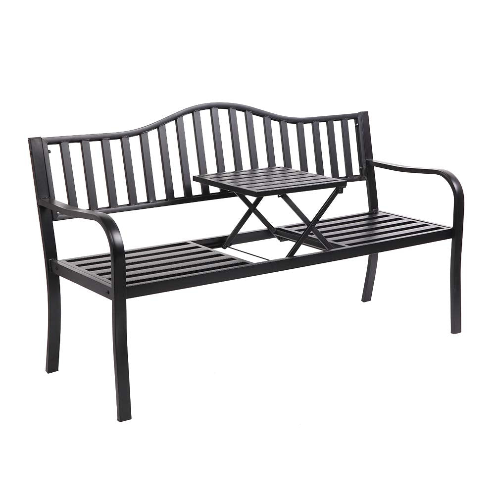 59 Inch Outdoor Bench Metal with Built in Table