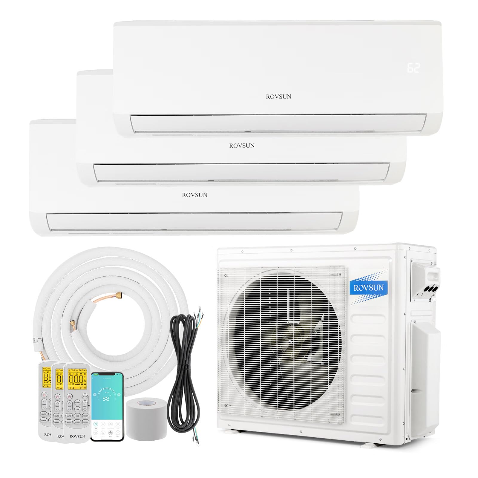 ROVSUN 3 Zone 9,000 + 9,000 + 12,000 / 27,000 BTU Wifi Mini Split Air Conditioner Ductless 19 SEER2 230V with Heat Pump & 25Ft Install Kit