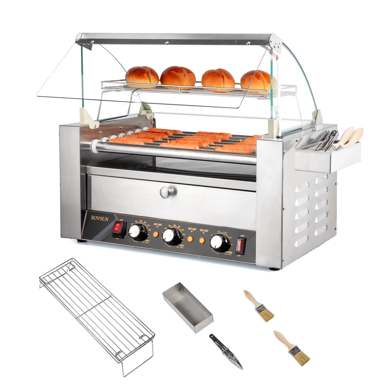 ROVSUN 7 Rollers 1,200W 110V 18 Hot Dog Roller Grill with Cover & Bun Warmer