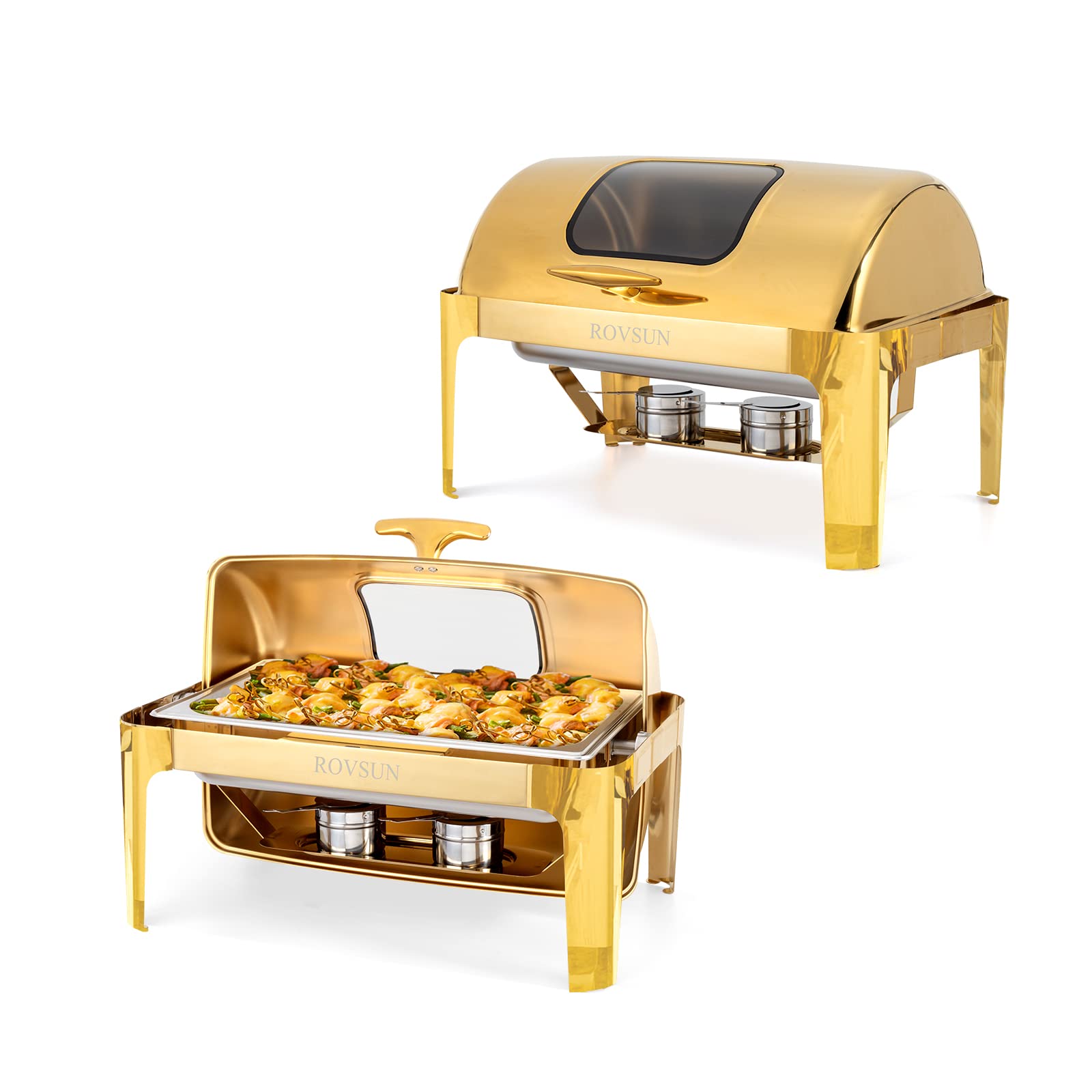 ROVSUN 9 QT Gold Rectangular Roll Top Chafing Dish Buffet Set with Glass Window