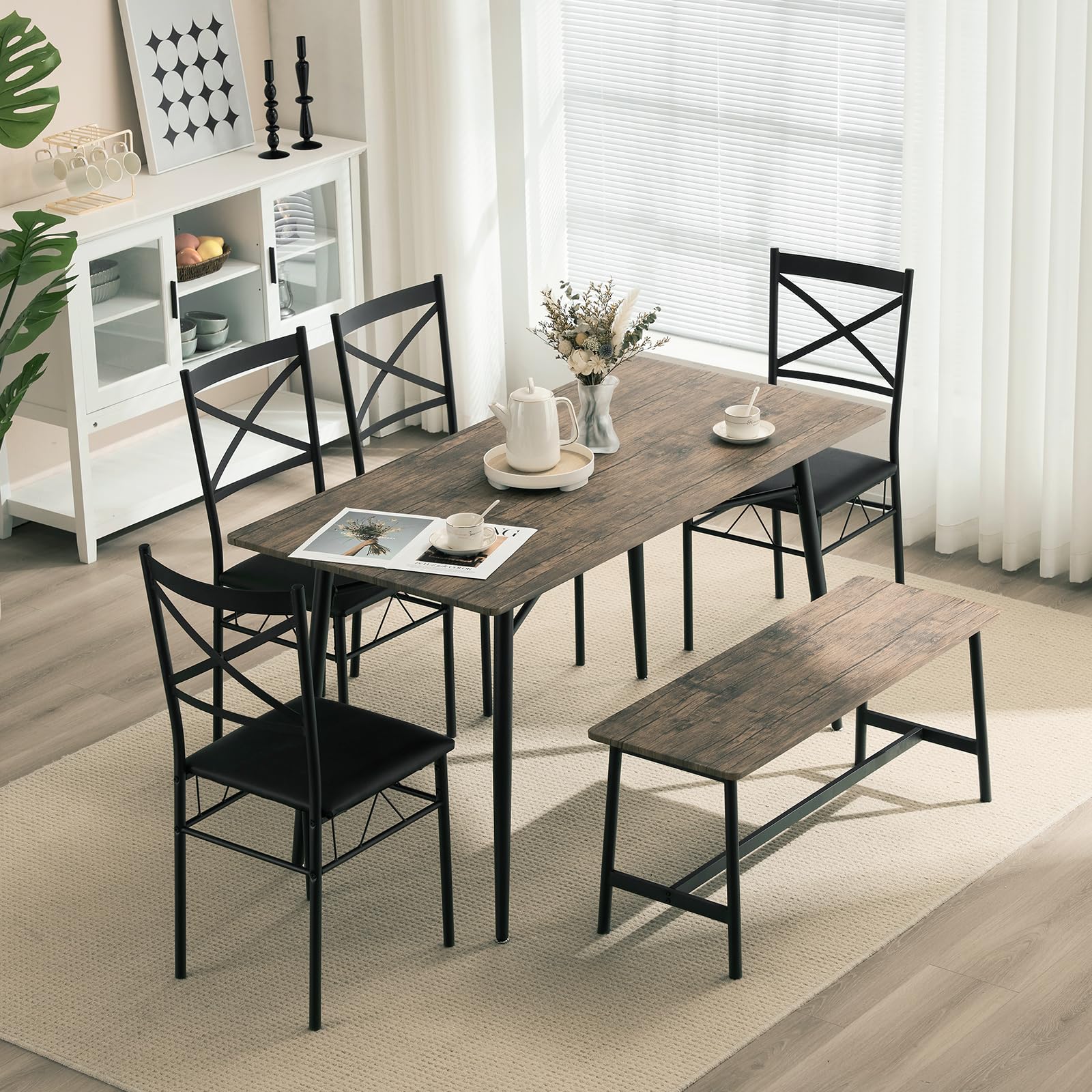 6 Piece Dining Set Wooden Table and 4 Upholstered Chairs & Bench Rustic Brown