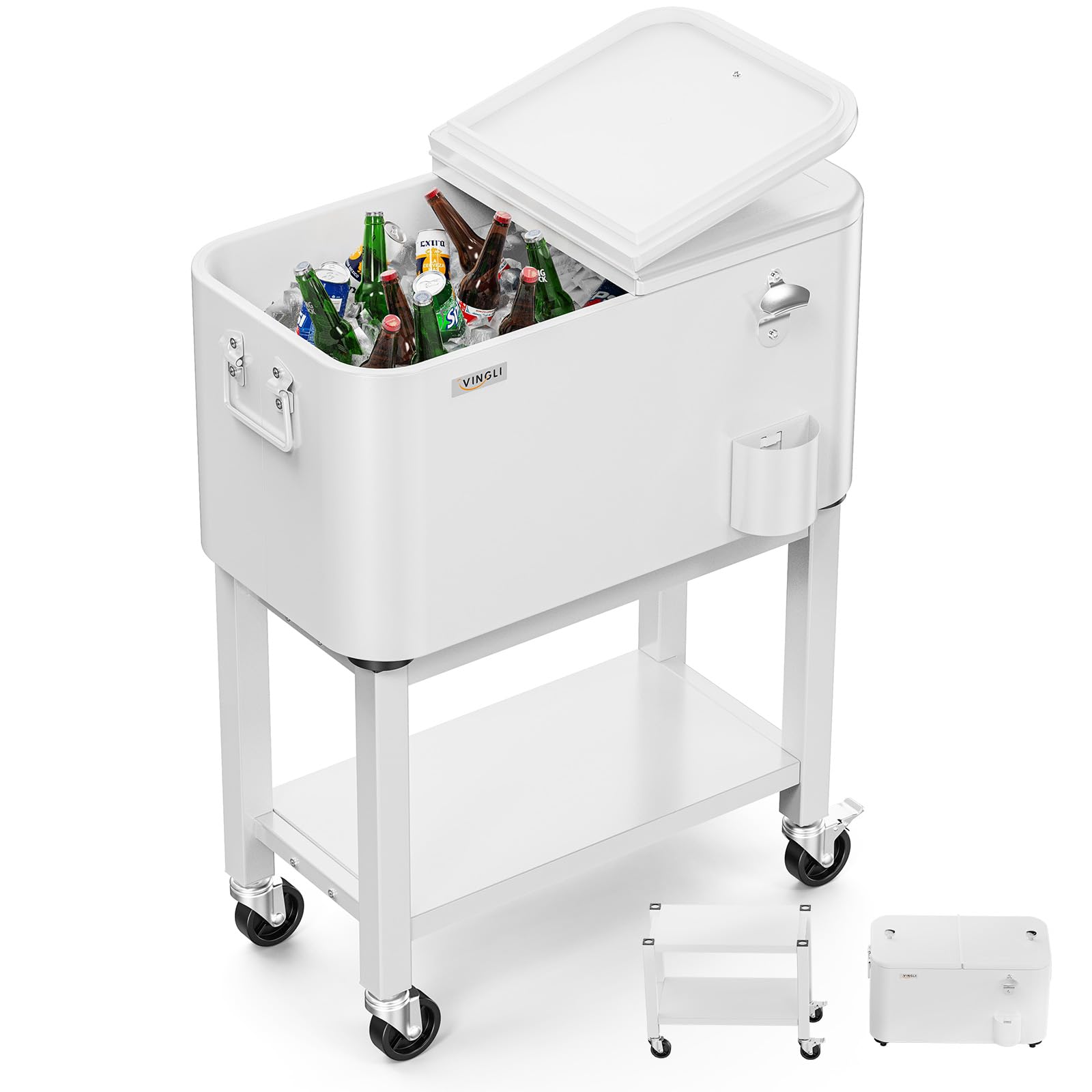 60 Quart Portable Patio Rooling Cooler Cart Detachable White