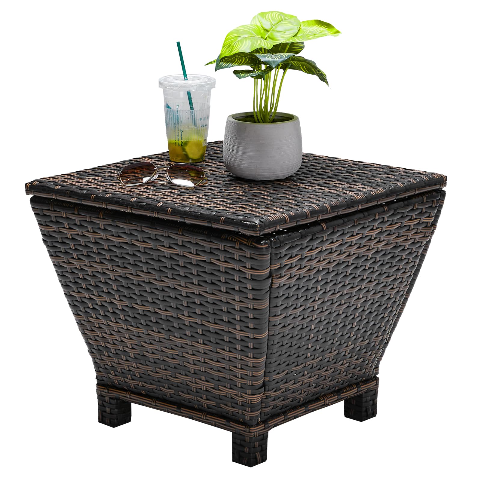 13 Gallon Trapezoidal Outdoor Wicker Side Table with Storage