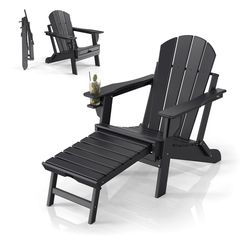 Plastic Folding HDPE Adirondack Chair with Ottoman Black