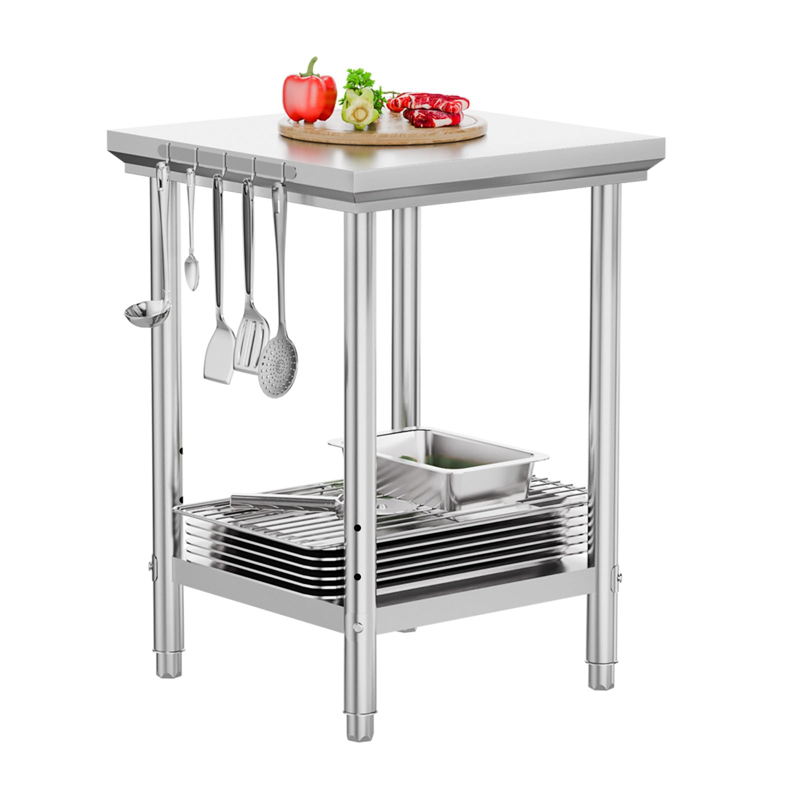 ROVSUN 24" x 24" Stainless Steel Table with Hooks & Undershelf