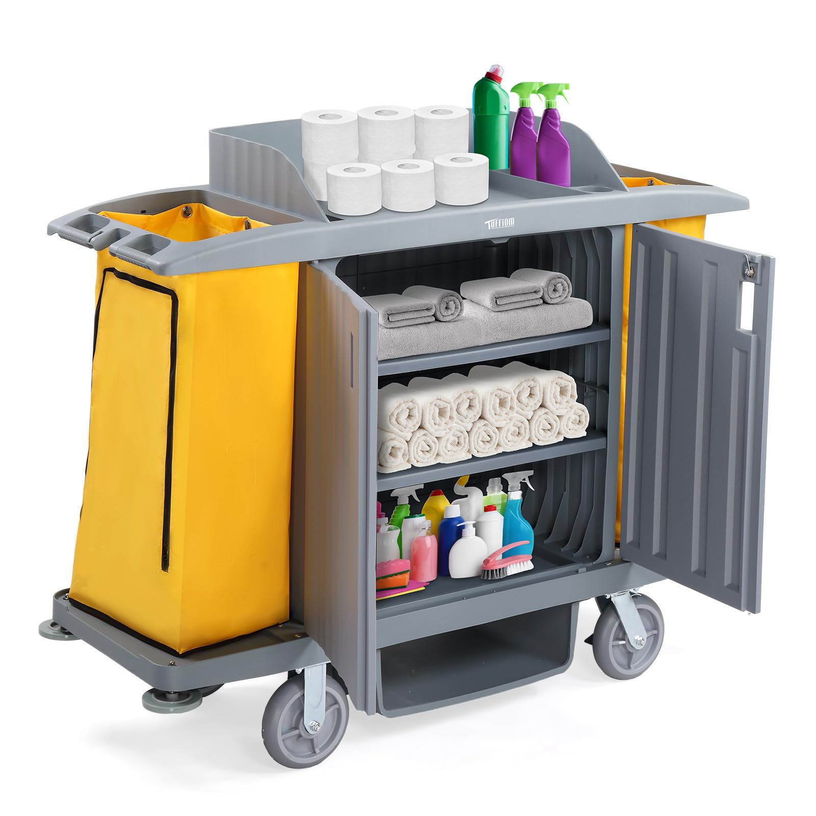 60" Multifunctional Housekeeping Hotel Cart Janitorial Cart with Locking