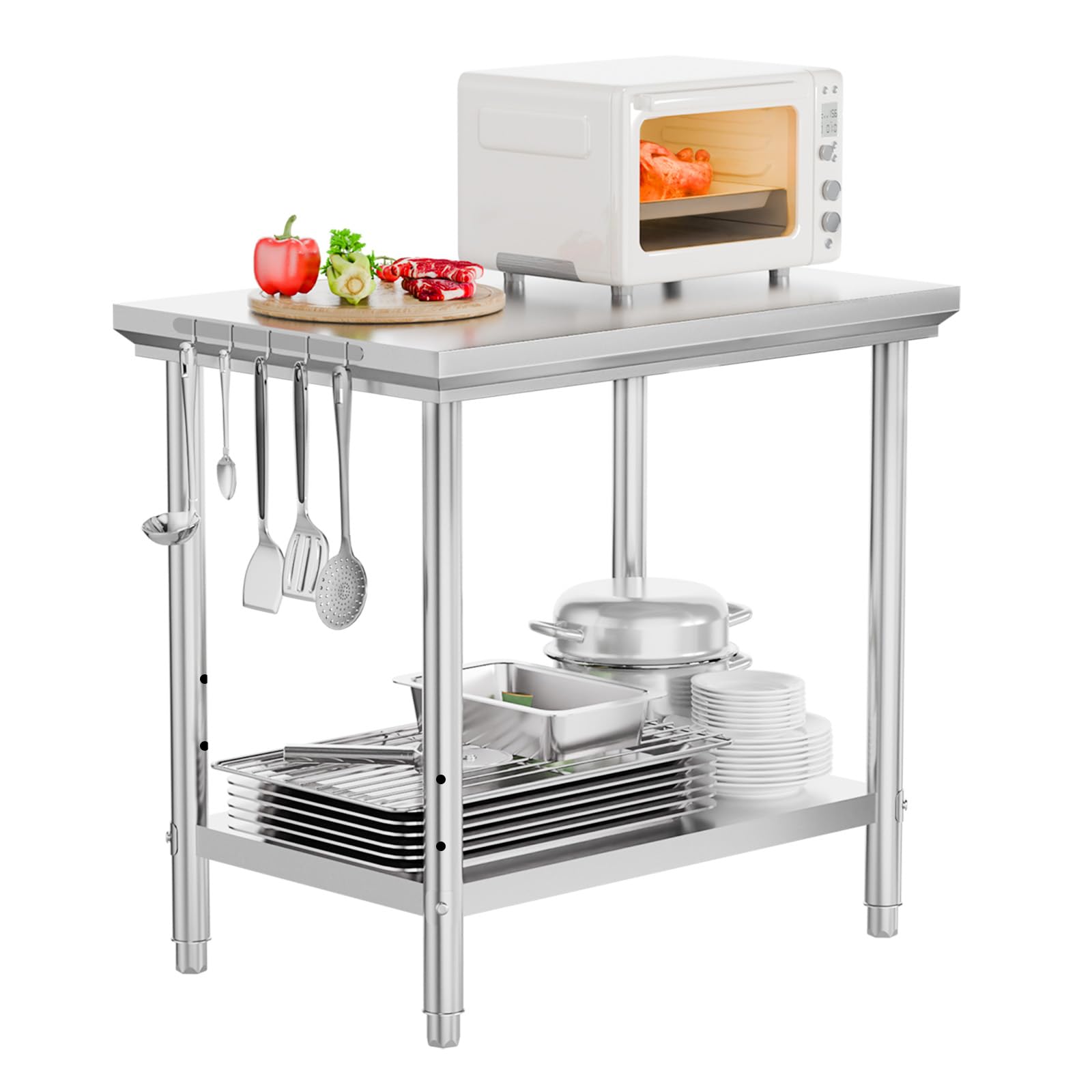 ROVSUN 24" x 36" Stainless Steel Table with Hooks & Undershelf