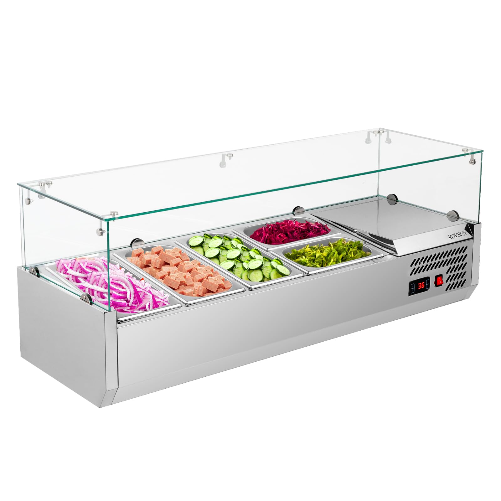 ROVSUN 47 Inch 125W 110V Silver Refrigerated Prep Rail Countertop with Glass Shield