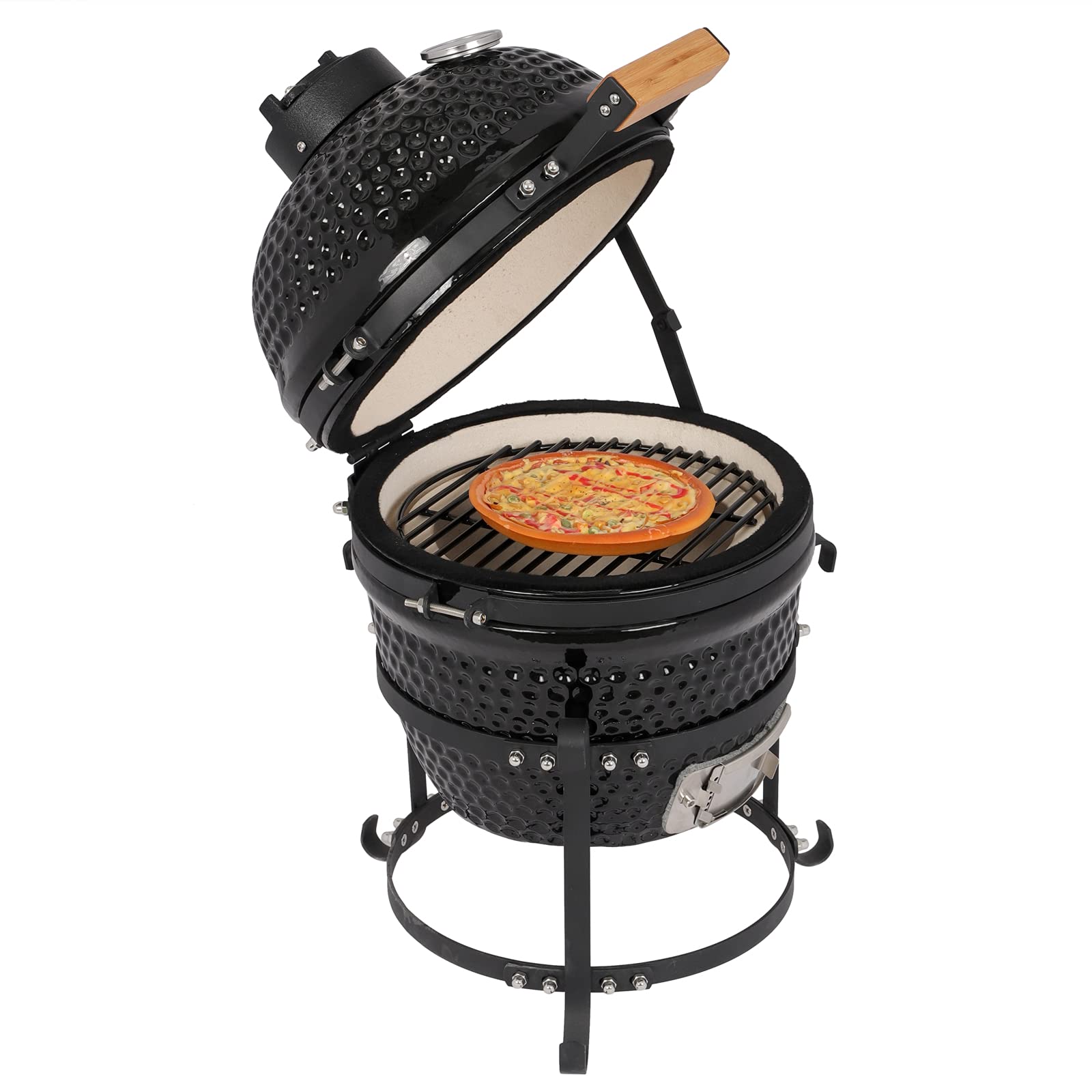 13 Inch Round Portable Ceramic Grill with Thermometer Black