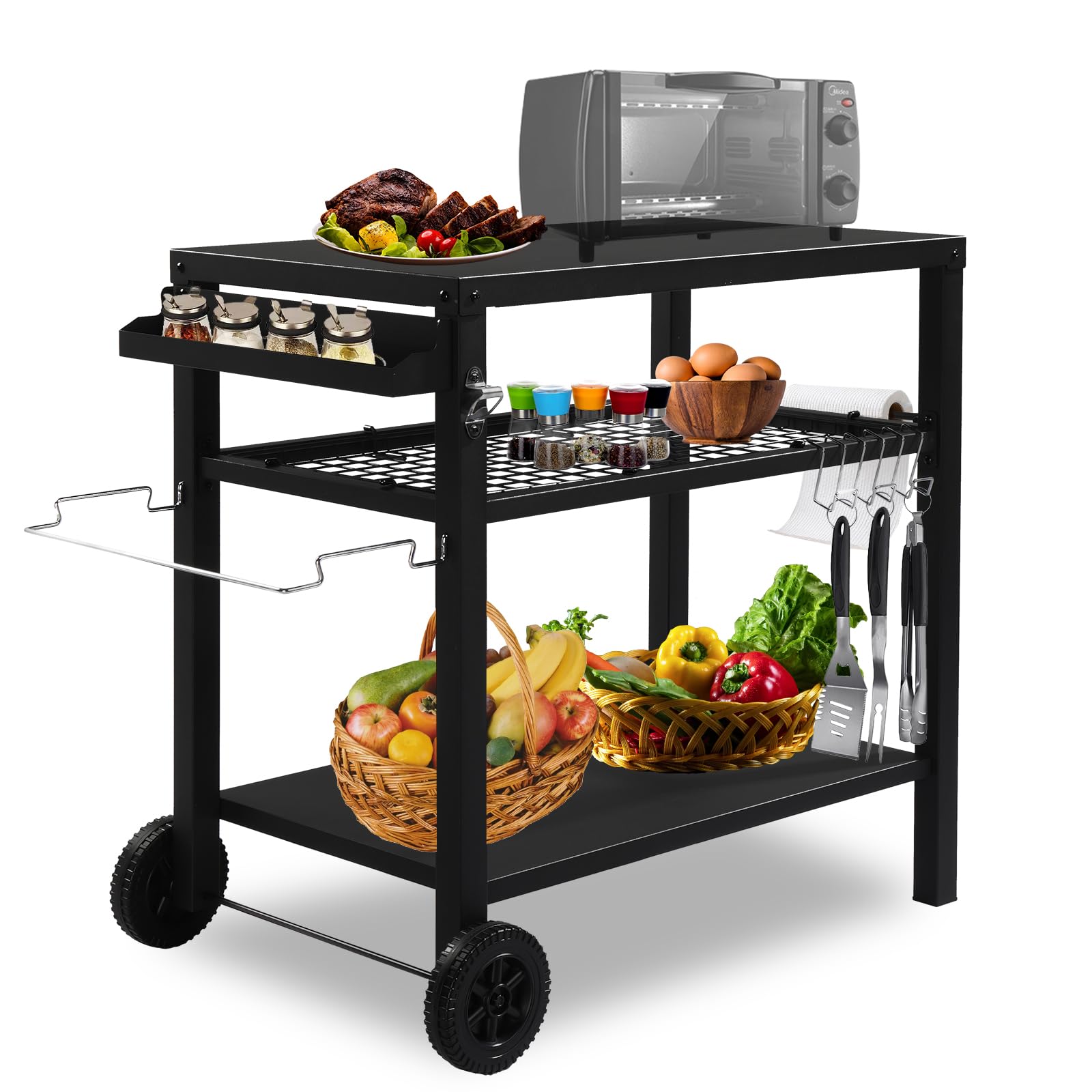 ROVSUN 44" Outdoor Grill Cart with Mesh Racks Black