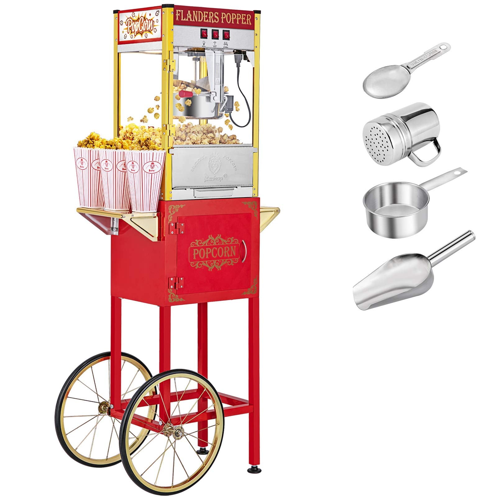 ROVSUN 8 oz. Kettle 850W 120V Popcorn Machine Maker Cart on Wheels Red