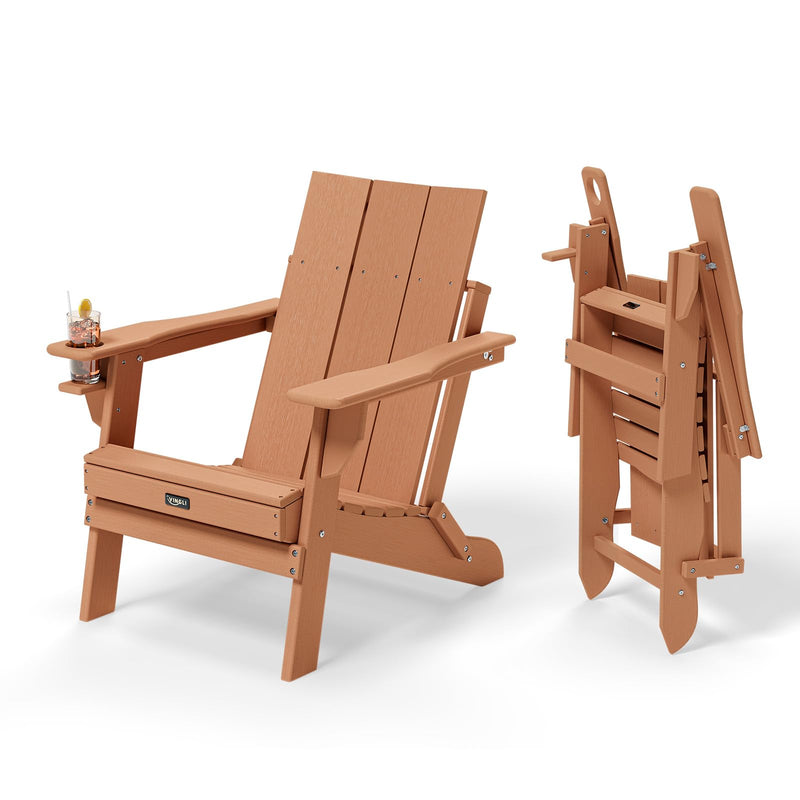 Oversized Plastic Folding HDPE Adirondack Chairs with Cup Holder Teak