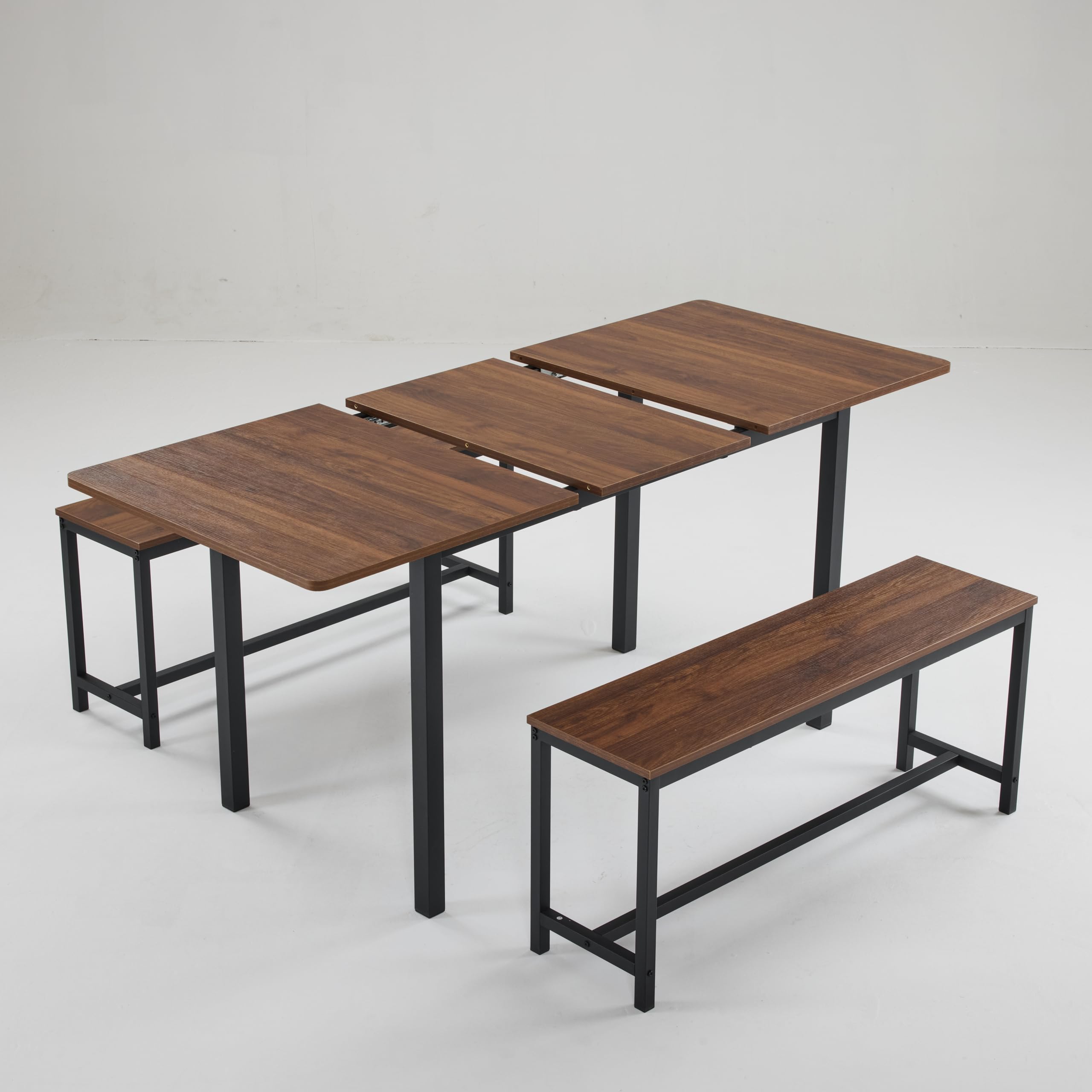 3 Piece Dining Table Set Expandable & Foldable Table with 2 Benches Walnut