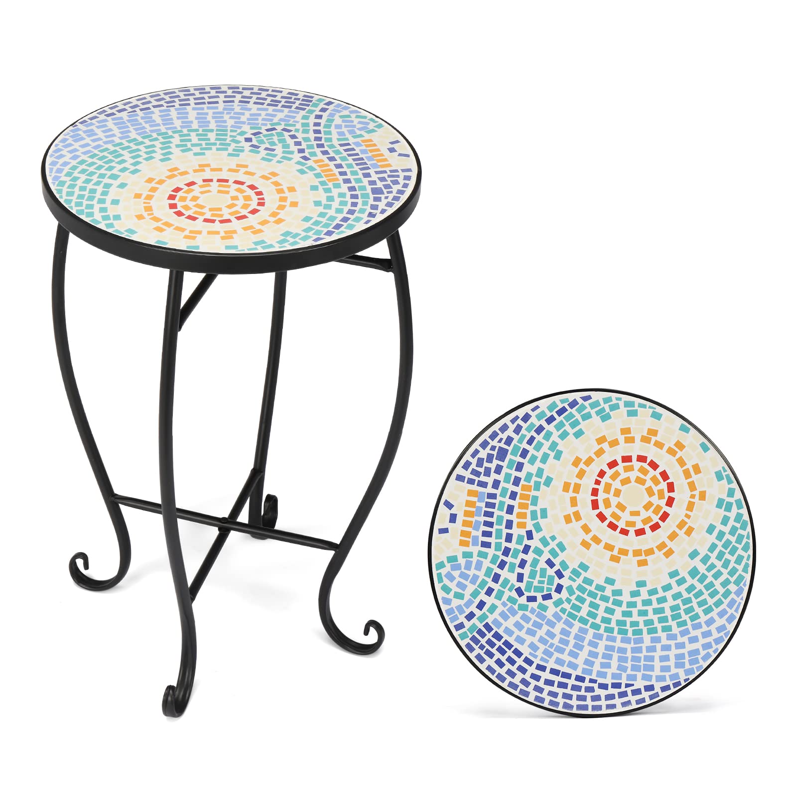 14 Inch Round Mosaic Outdoor Side Table Blue Hawaii