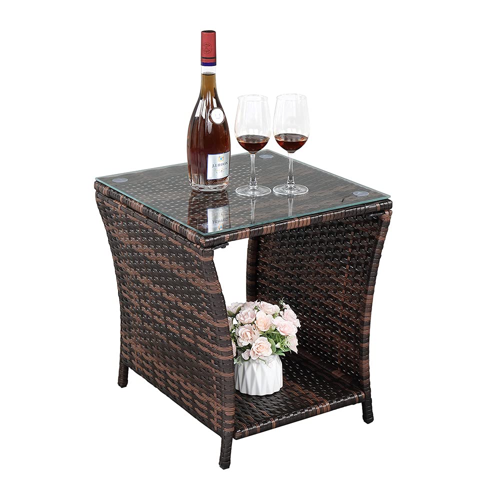 Outdoor Wicker Side Table with Storage Brown