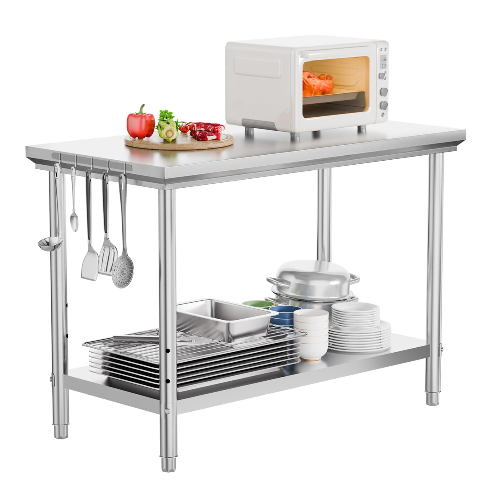 ROVSUN 24" x 48" Stainless Steel Table with Hooks & Undershelf