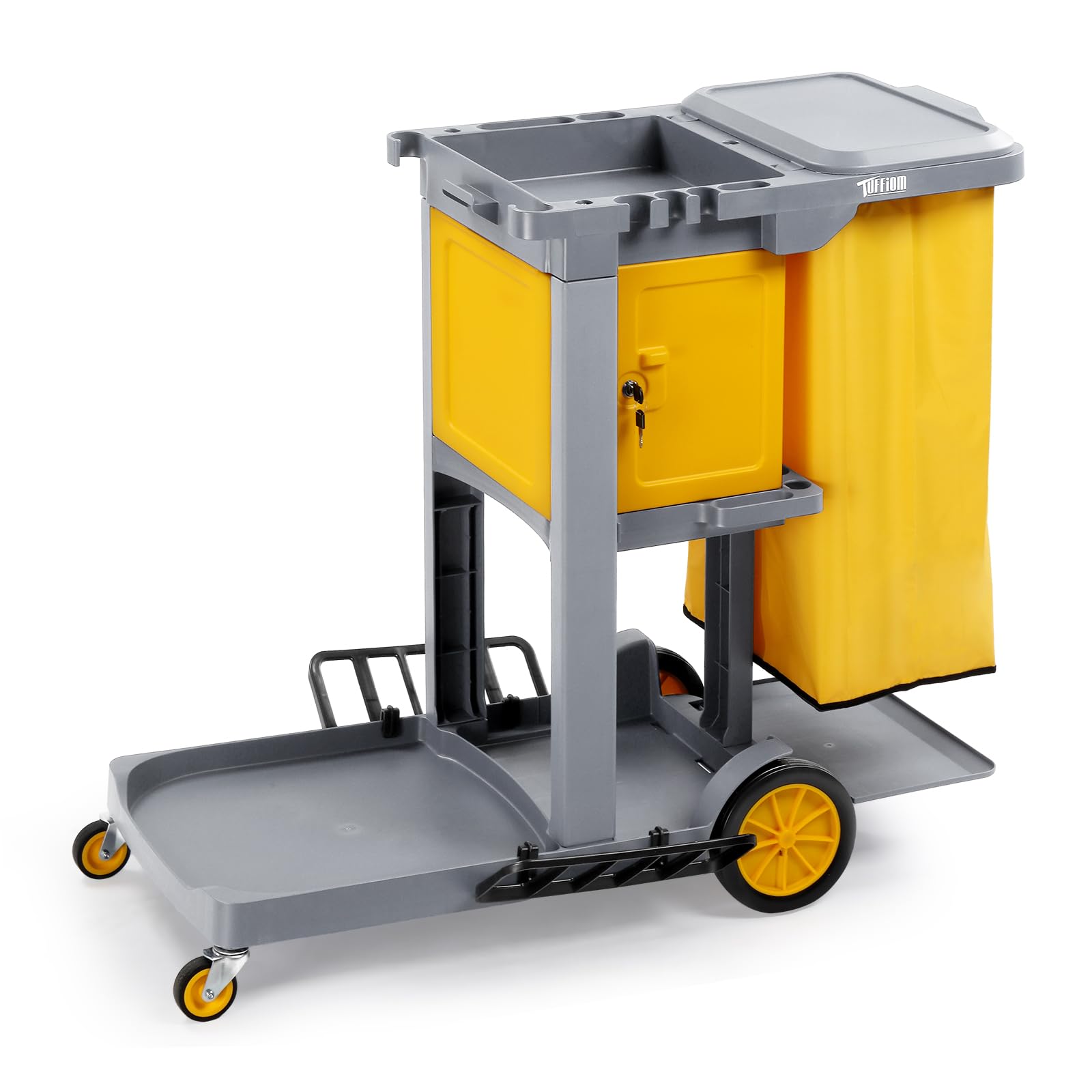 3-Tier 500 LBS Capacity Janitorial Cart with Locker & 15 Gallon Bag Grey