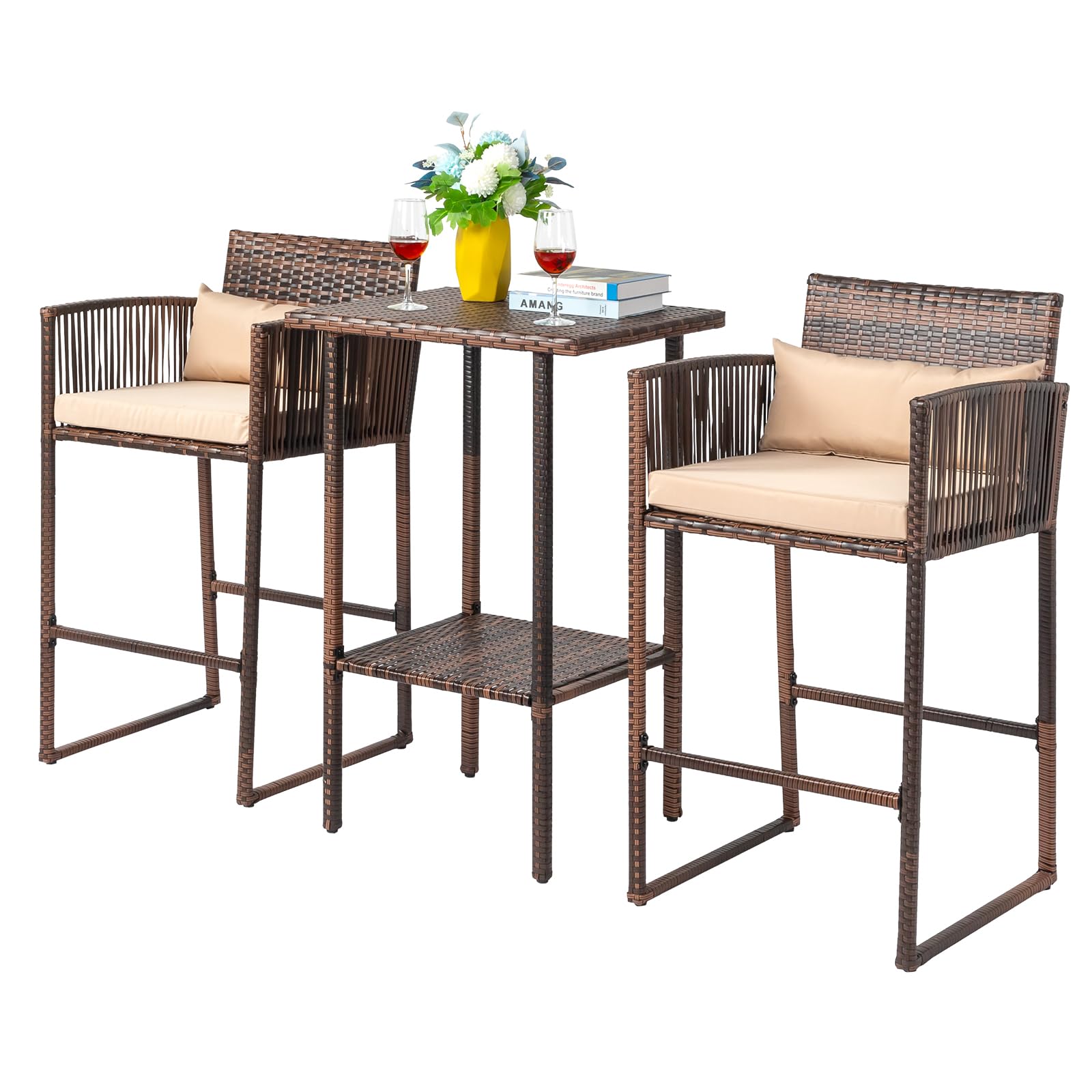 Outdoor Wicker Bar Stools and Table with Storage Shelf