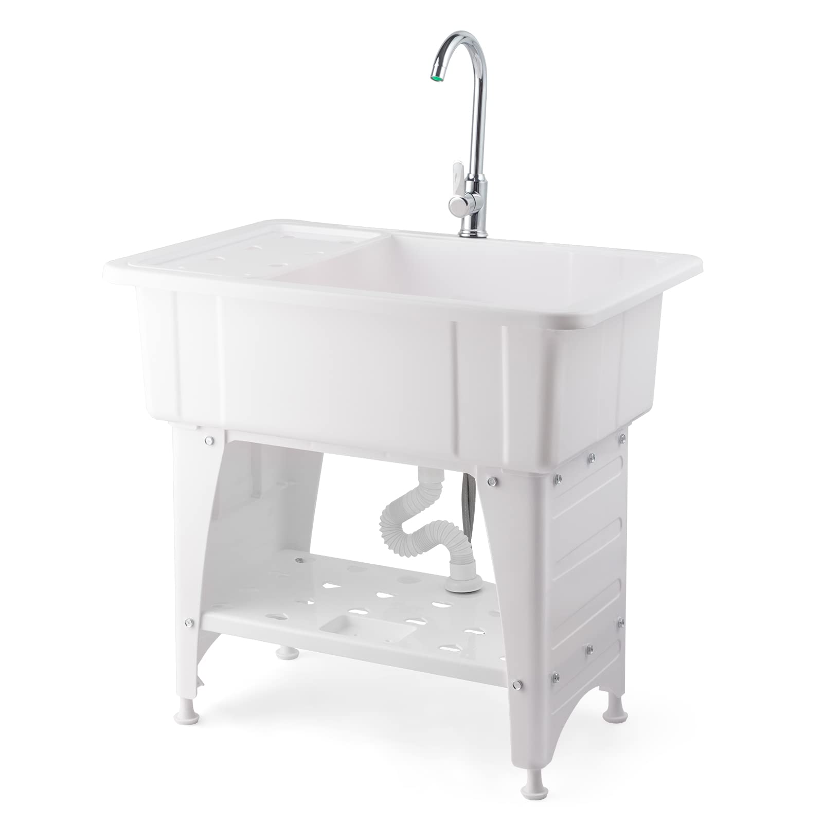 ROVSUN 32" Utility Sink Laundry Tub with Faucet & Shelf & Drainboard White