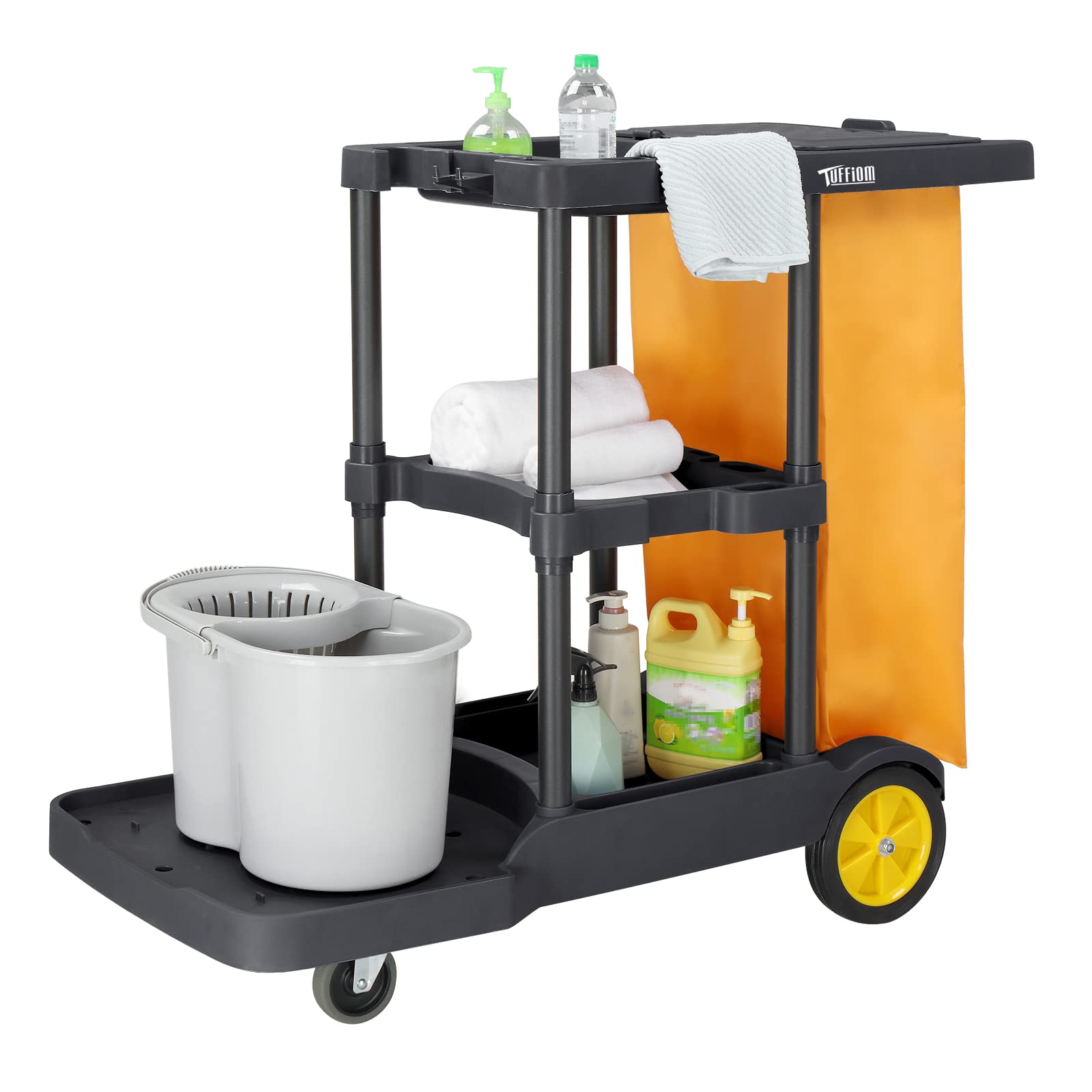 3-Tier 500 LBS Capacity Janitorial Cart with 22 Gallon Bag Black