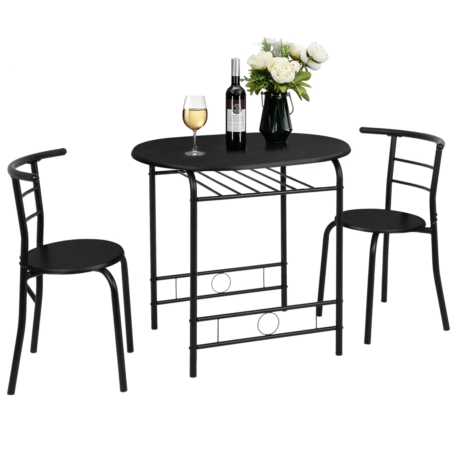 3 Piece Dining Set Wooden Table and 2 Chairs Black