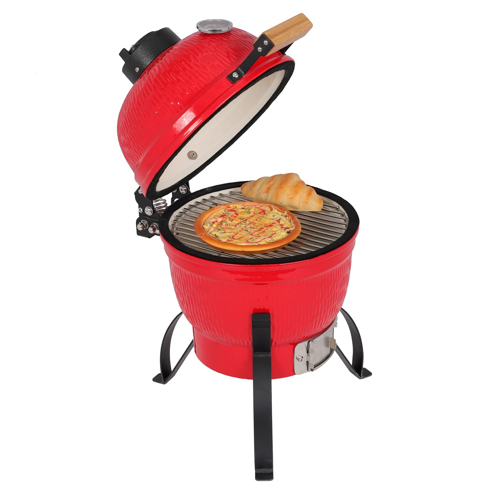 13 Inch Round Portable Ceramic Grill with Thermometer Red