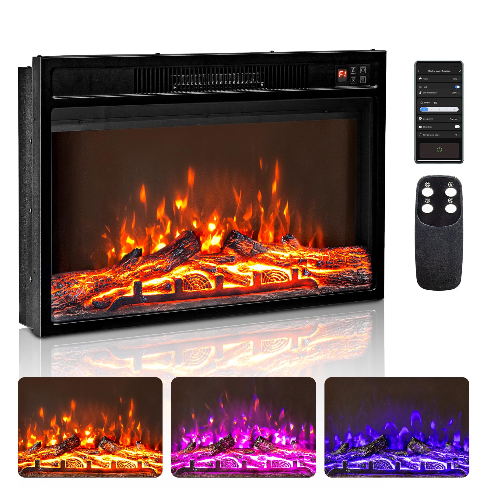 ROVSUN 26'' W 1500W 120V Electric Fireplace Inserts with APP & Remote