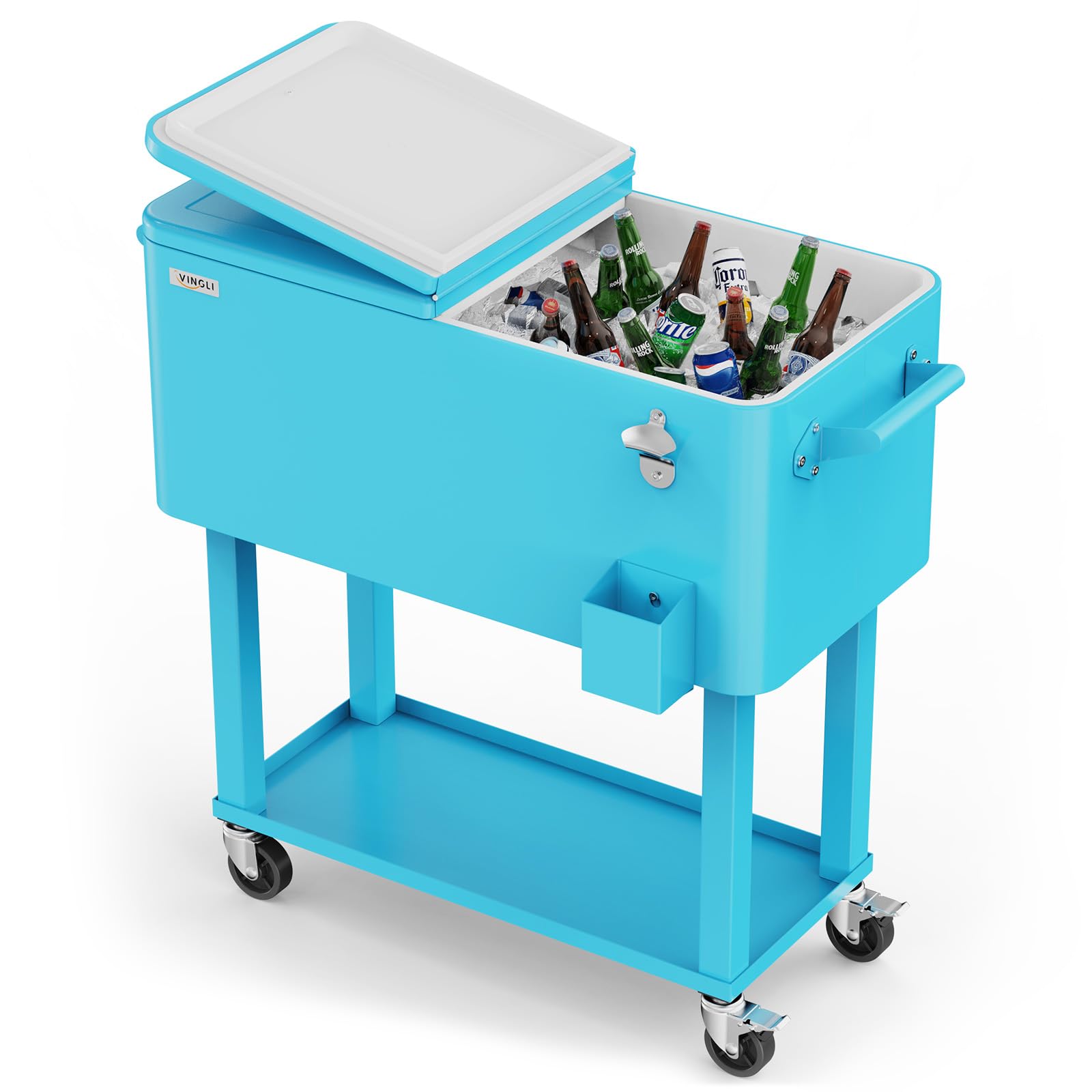 80 Quart Portable Outdoor Patio Rooling Cooler Cart Light Blue