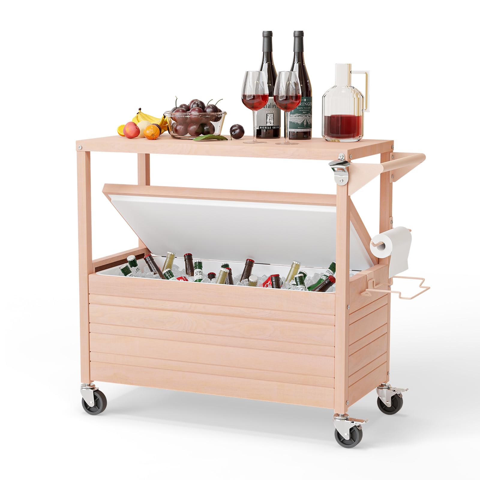 80 Quart Portable Outdoor Patio Rooling Cooler Cart with Table Oak