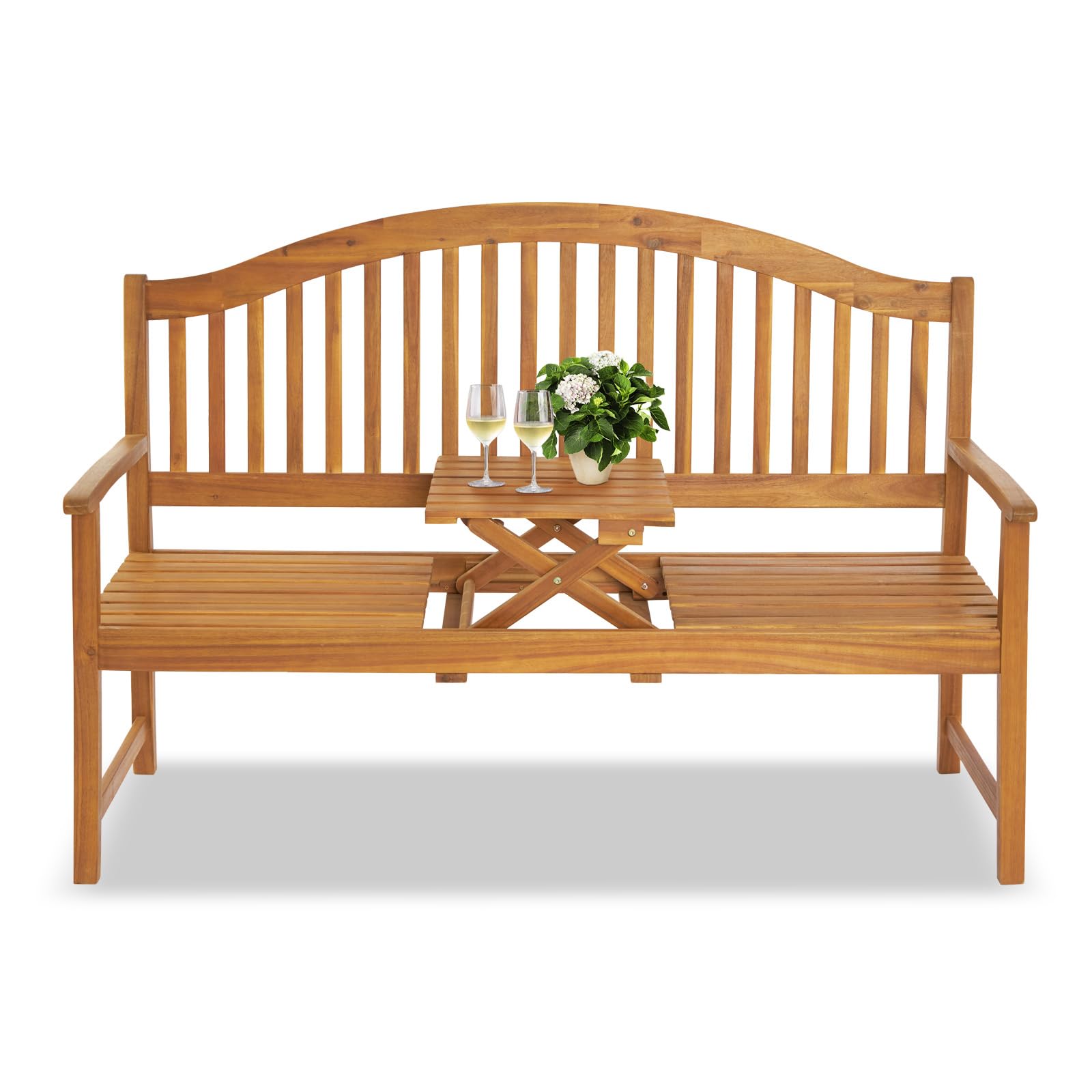 59 Inch Outdoor Bench Wood with Built in Table