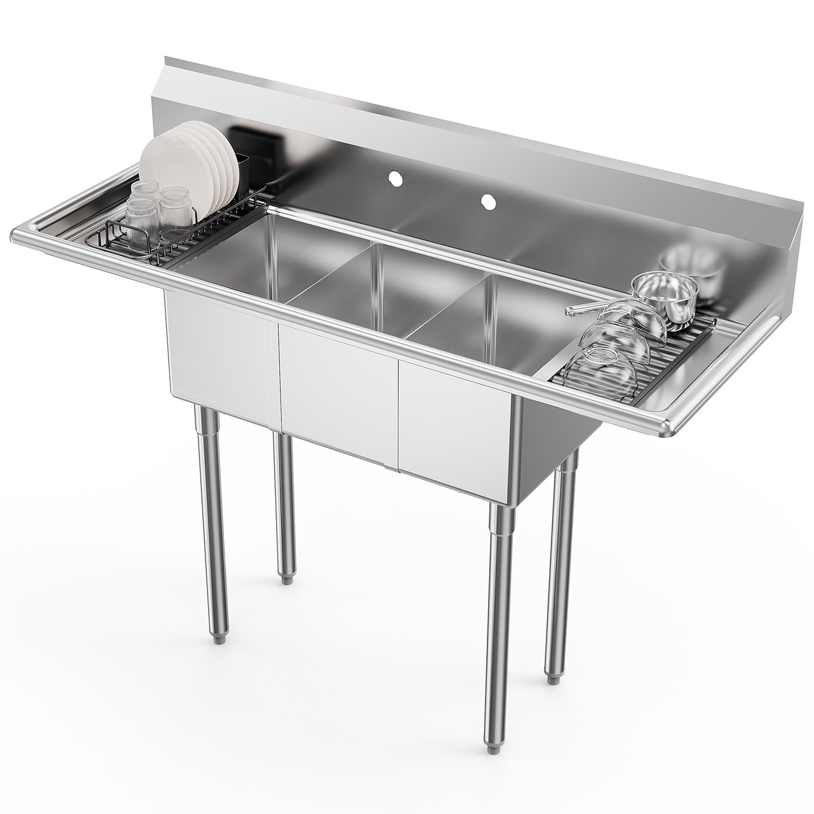 ROVSUN 3 Compartment 304 Stainless Steel Sink with 2 Drainboards