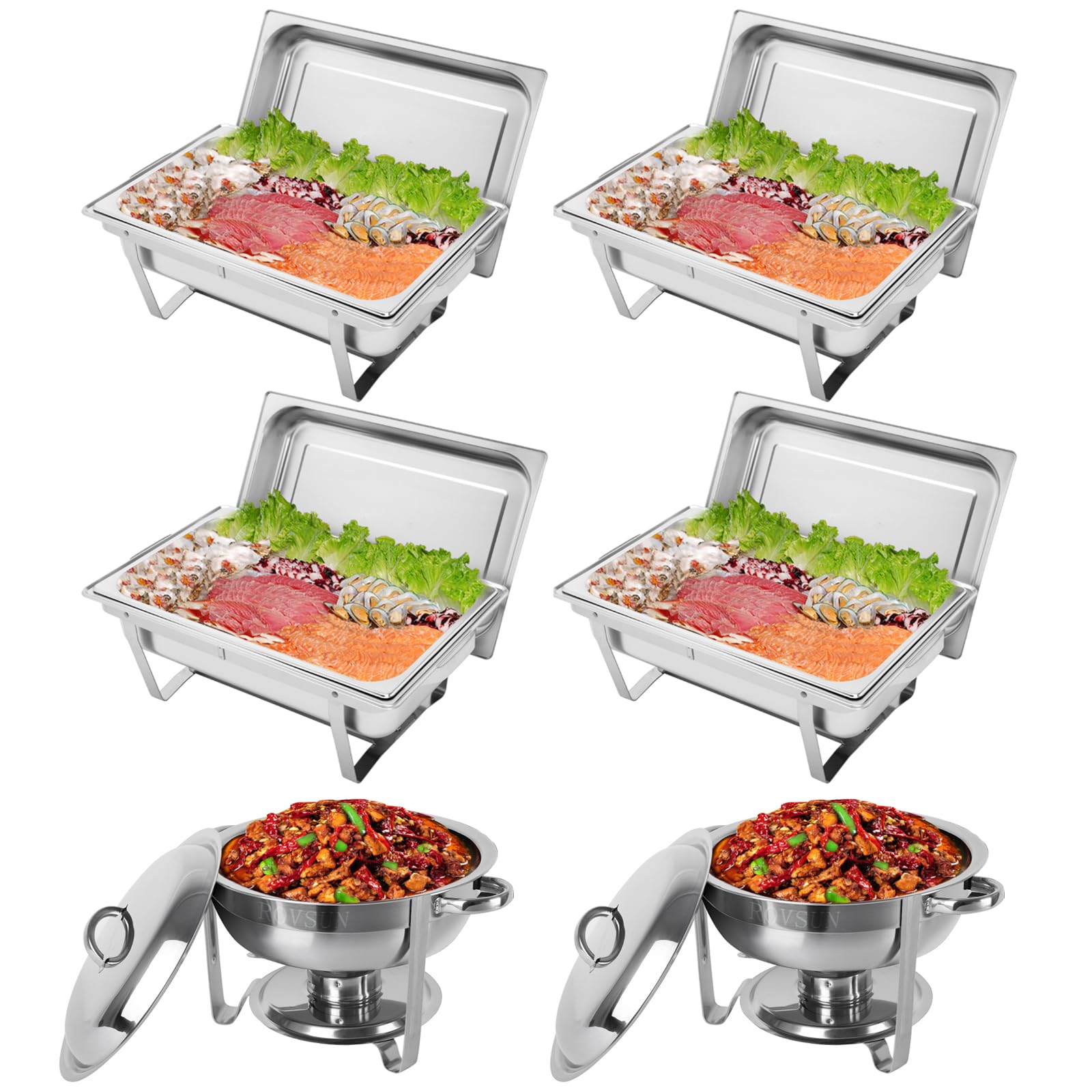 ROVSUN 4 Rectangular 8 QT Chafing Dish Buffet Set + 2 Round 5QT Chaffing Dishes