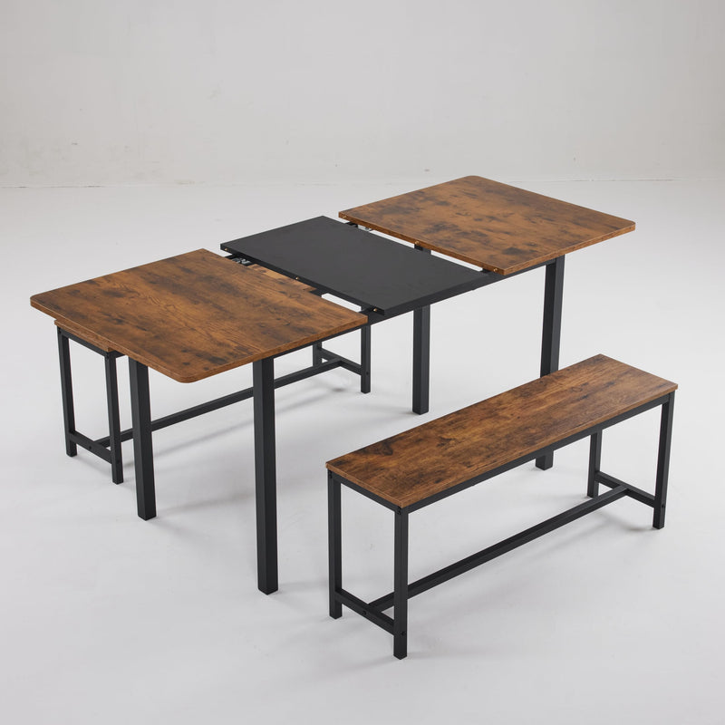 3 Piece Dining Table Set Expandable & Foldable Table with 2 Benches Black Brown