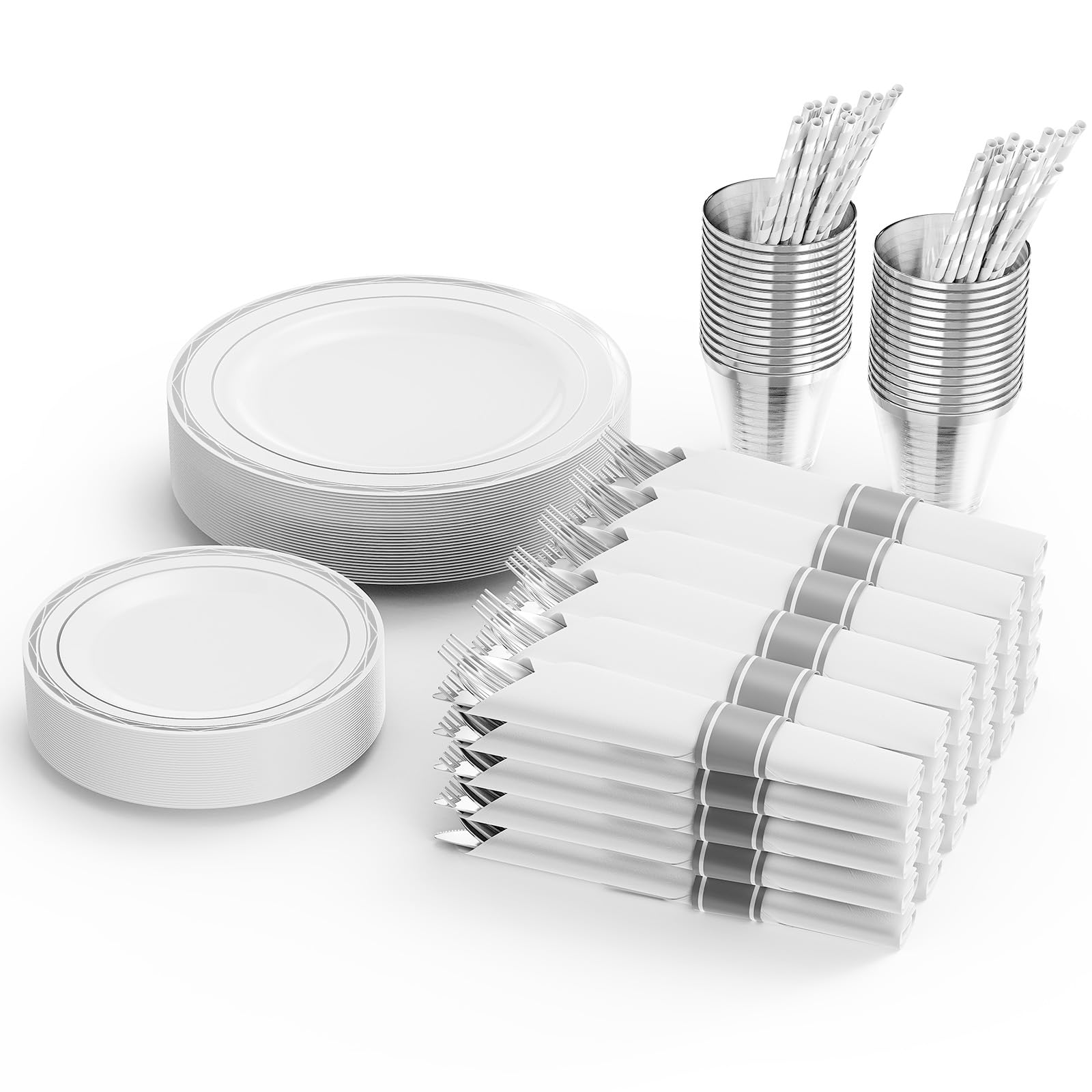 ROVSUN 240 Pieces Silver Pre Rolled Napkins Disposable Dinnerware Set