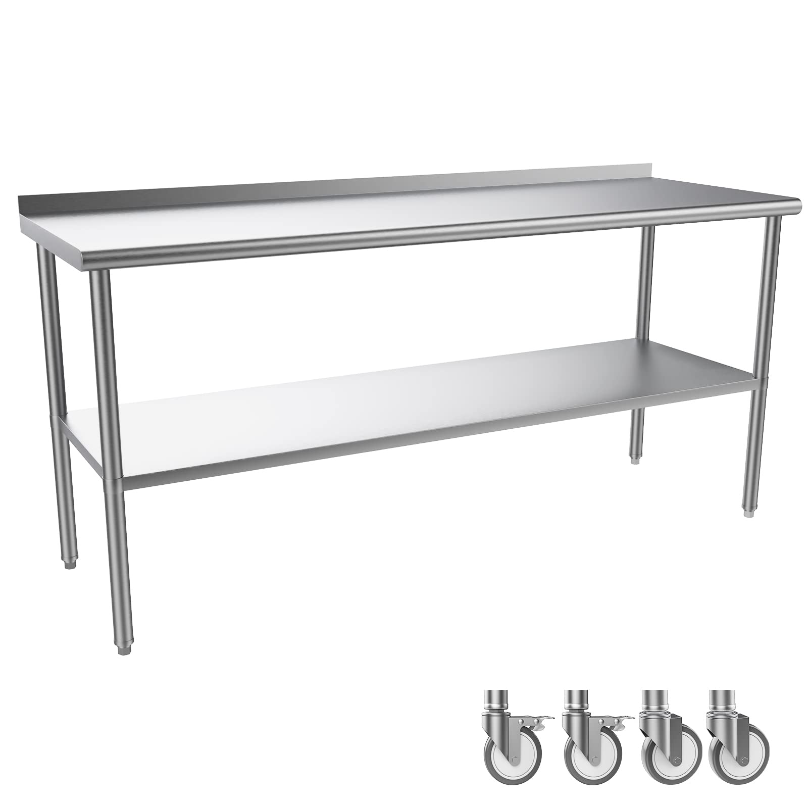 ROVSUN 24" x 72" Stainless Steel Table with Backsplash & Undershelf & Caster