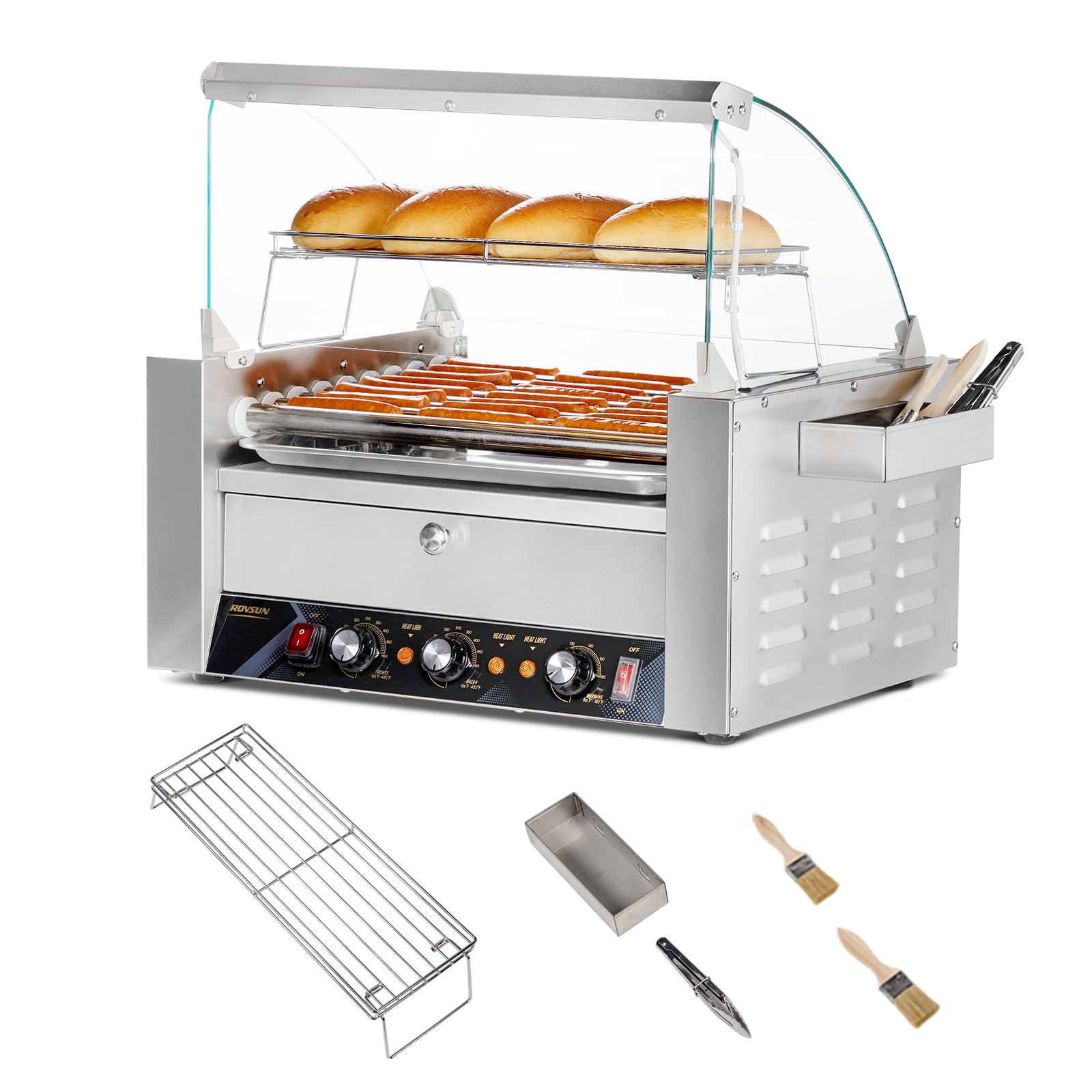 ROVSUN 9 Rollers 1,500W 110V 24 Hot Dog Roller Grill with Cover & Bun Warmer