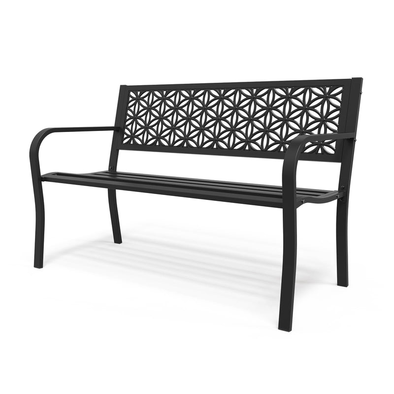 50 Inch Outdoor Bench Metal with Floral Back Black