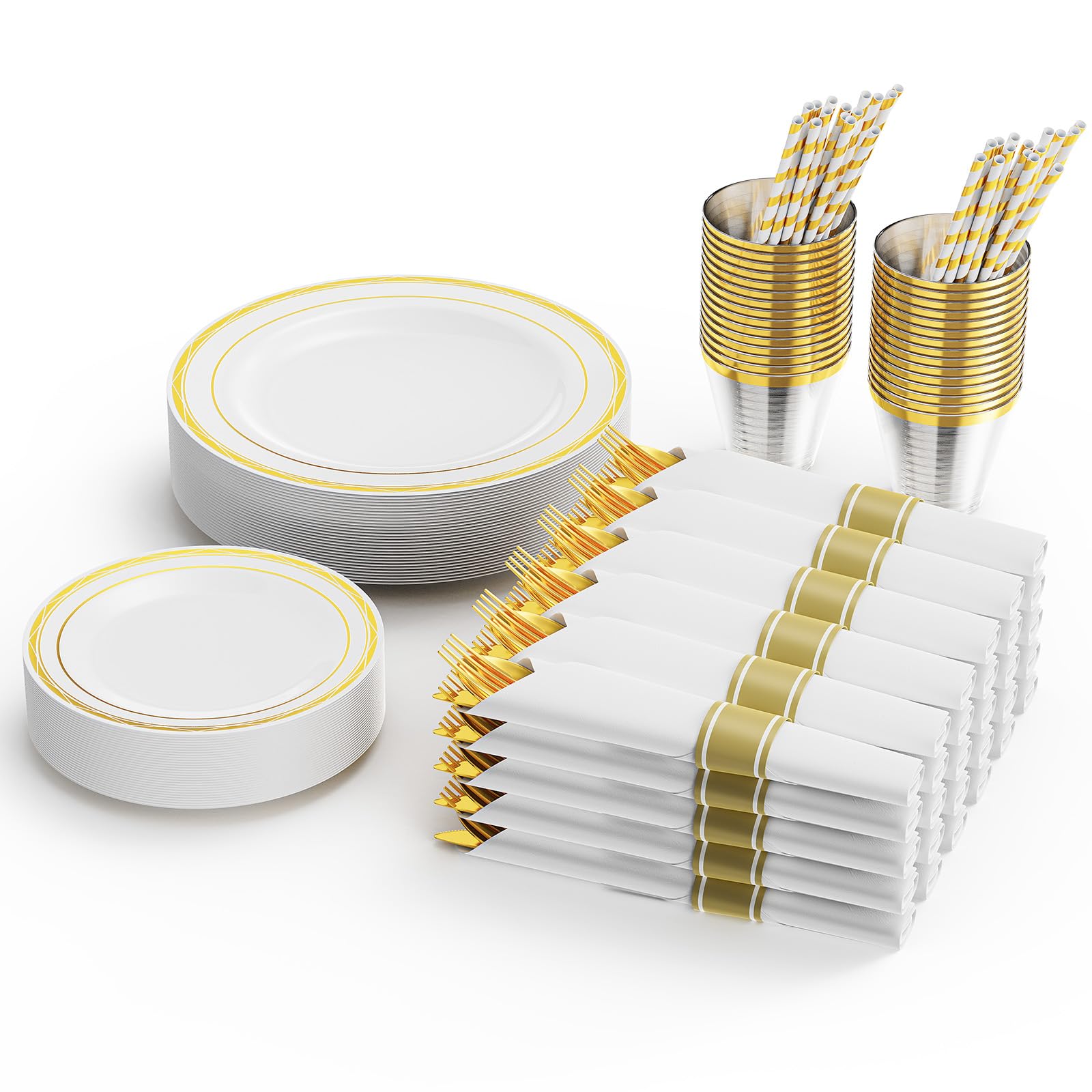 ROVSUN 240 Pieces Gold Pre Rolled Napkins Disposable Dinnerware Set