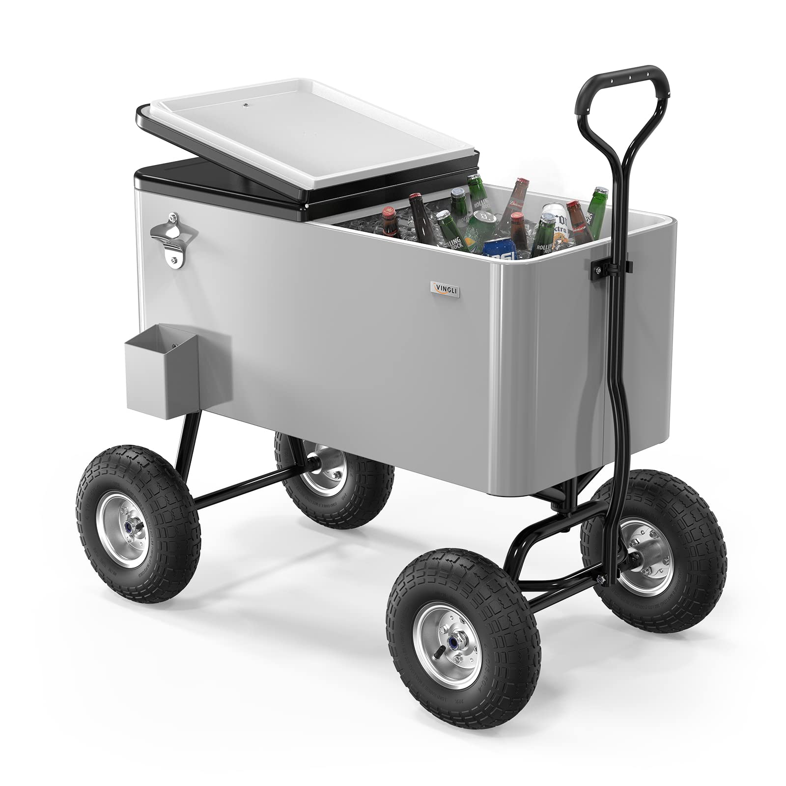 80 Quart Wagon Rolling Cooler Ice Chest with 10" Wheels Grey