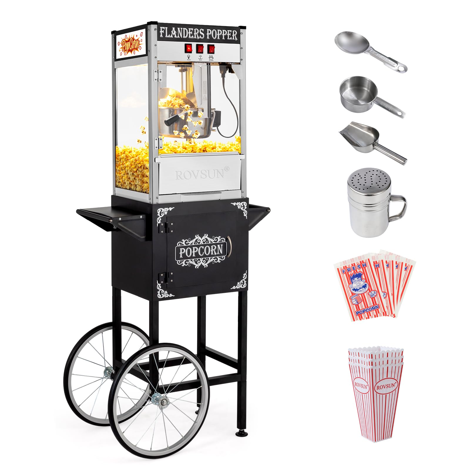 ROVSUN 10 oz. Kettle 800W 120V Popcorn Machine Maker Cart on Wheels Black