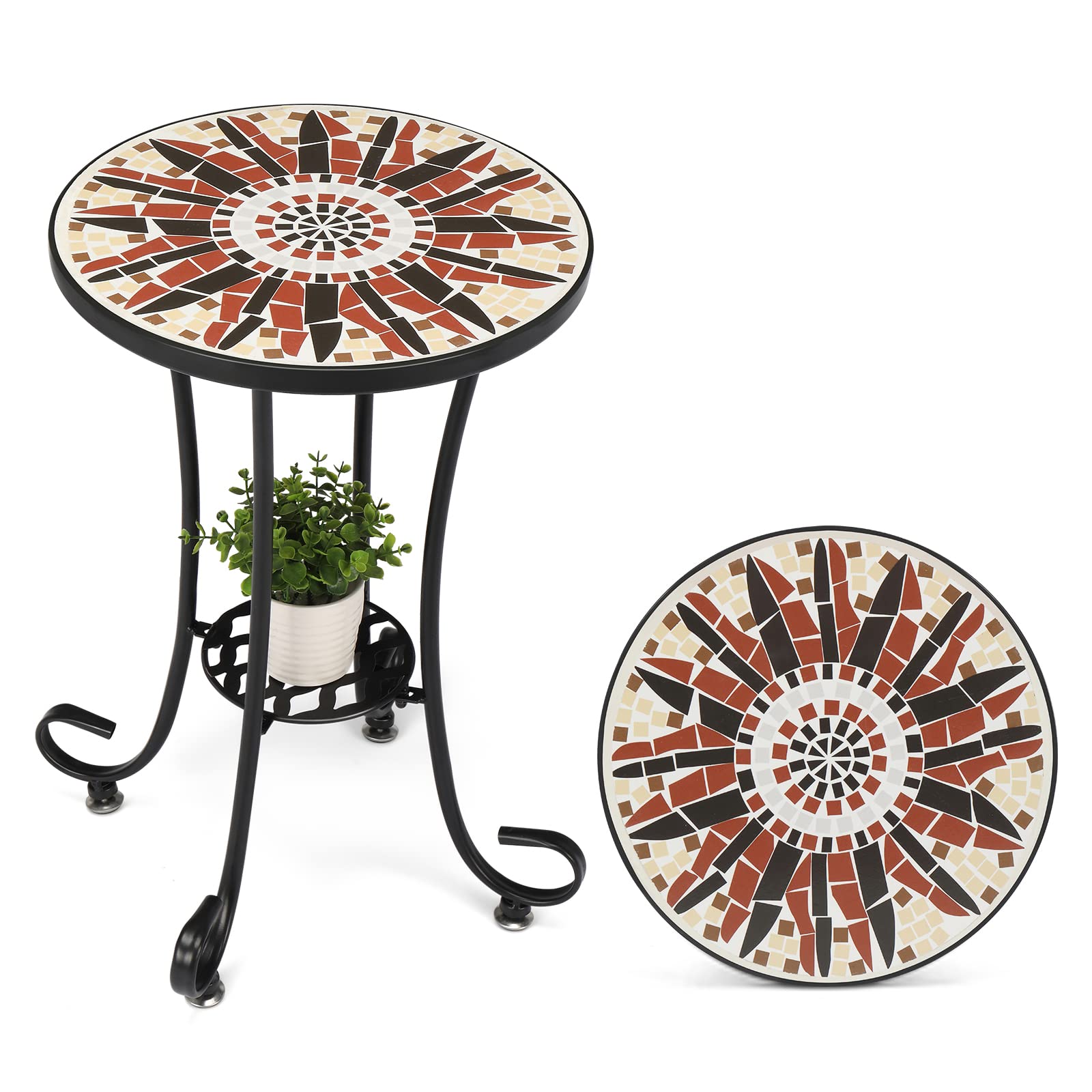 14 Inch Round Mosaic Outdoor Side Table Brown Flower