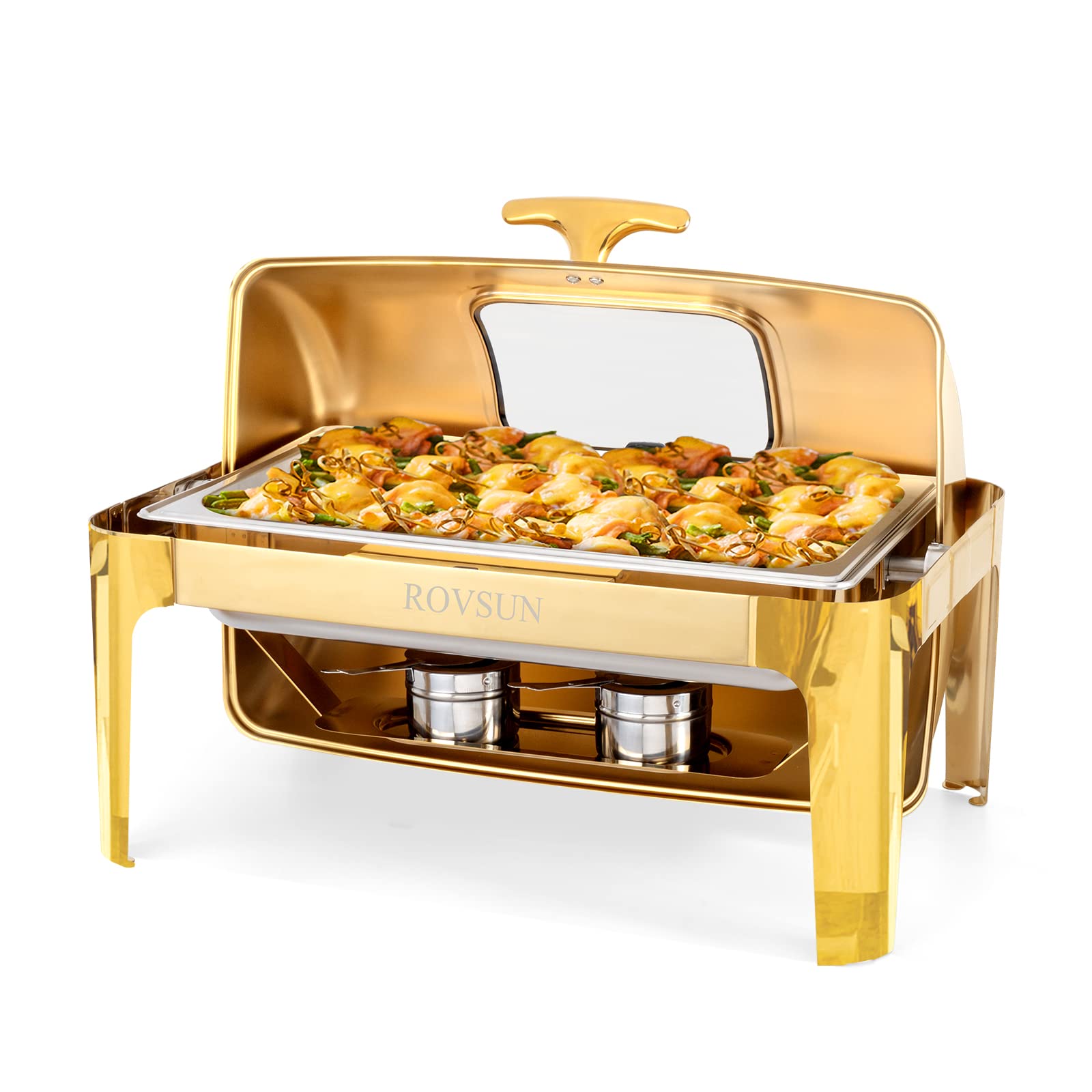 ROVSUN 9 QT Gold Rectangular Roll Top Chafing Dish Buffet Set with Glass Window