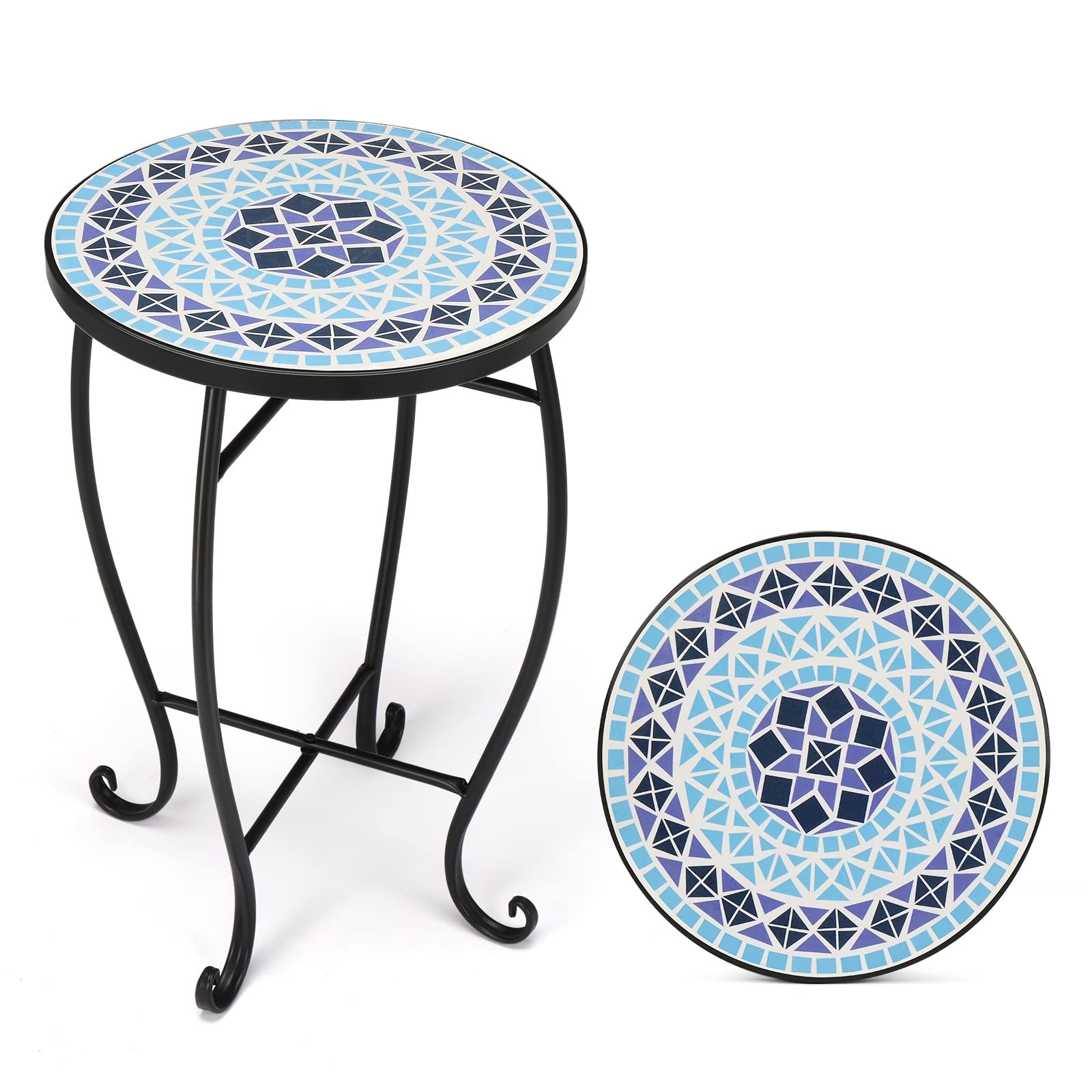 14 Inch Round Mosaic Outdoor Side Table Blue Ocean