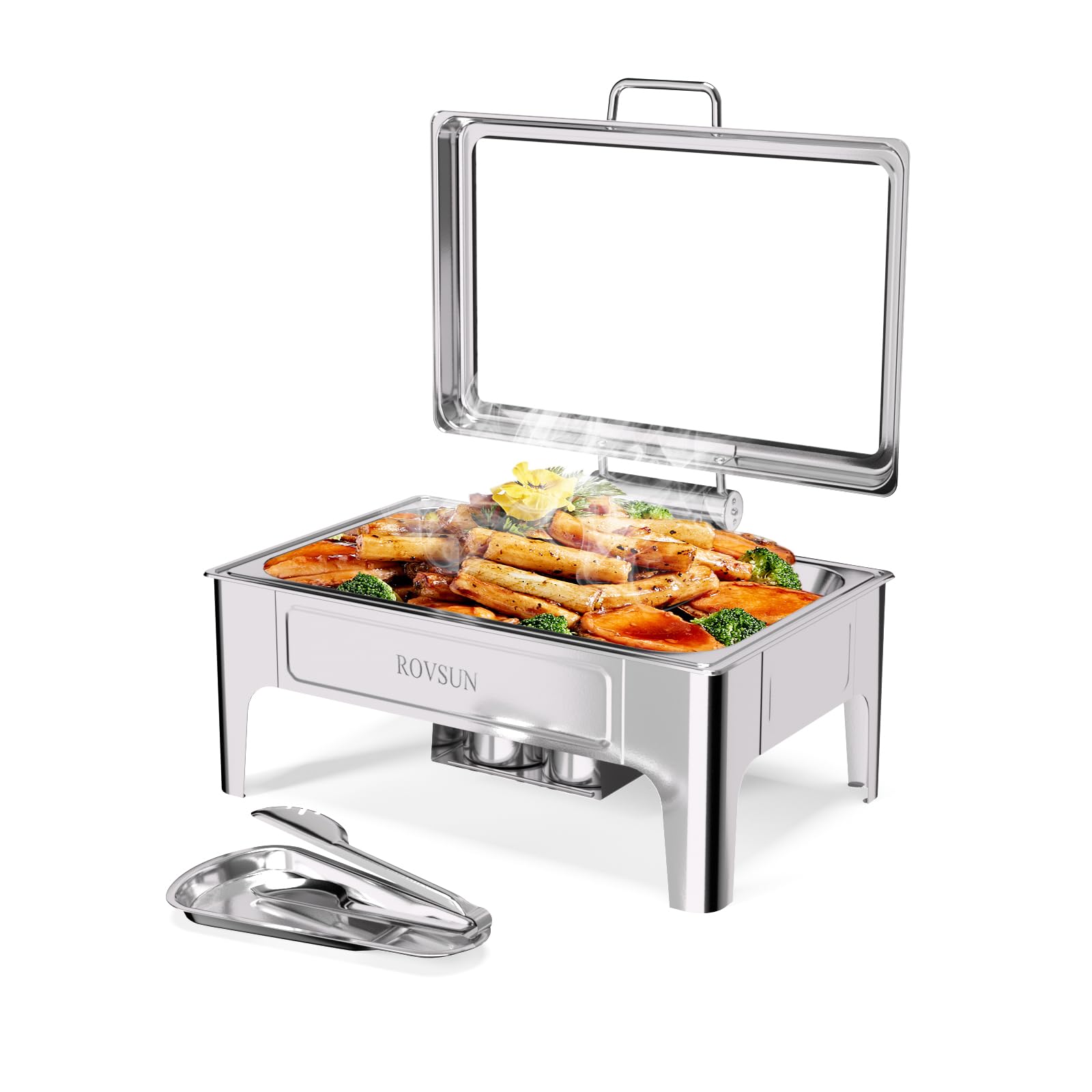 ROVSUN 9 QT Silver Rectangular Chafing Dishes with Glass Lid & Serving Tong